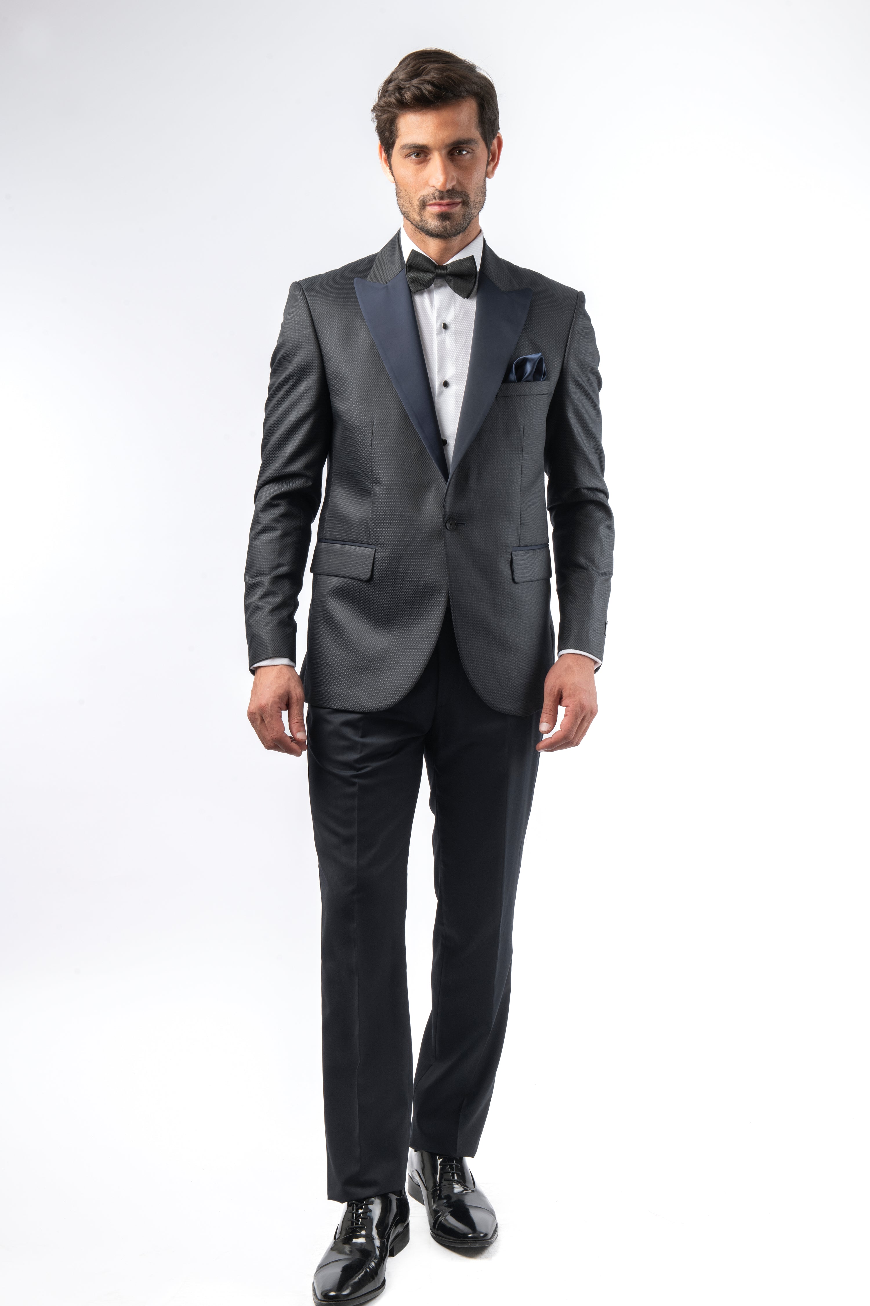 Jacquard Peaked Lapel Super Slim Black Tuxedo