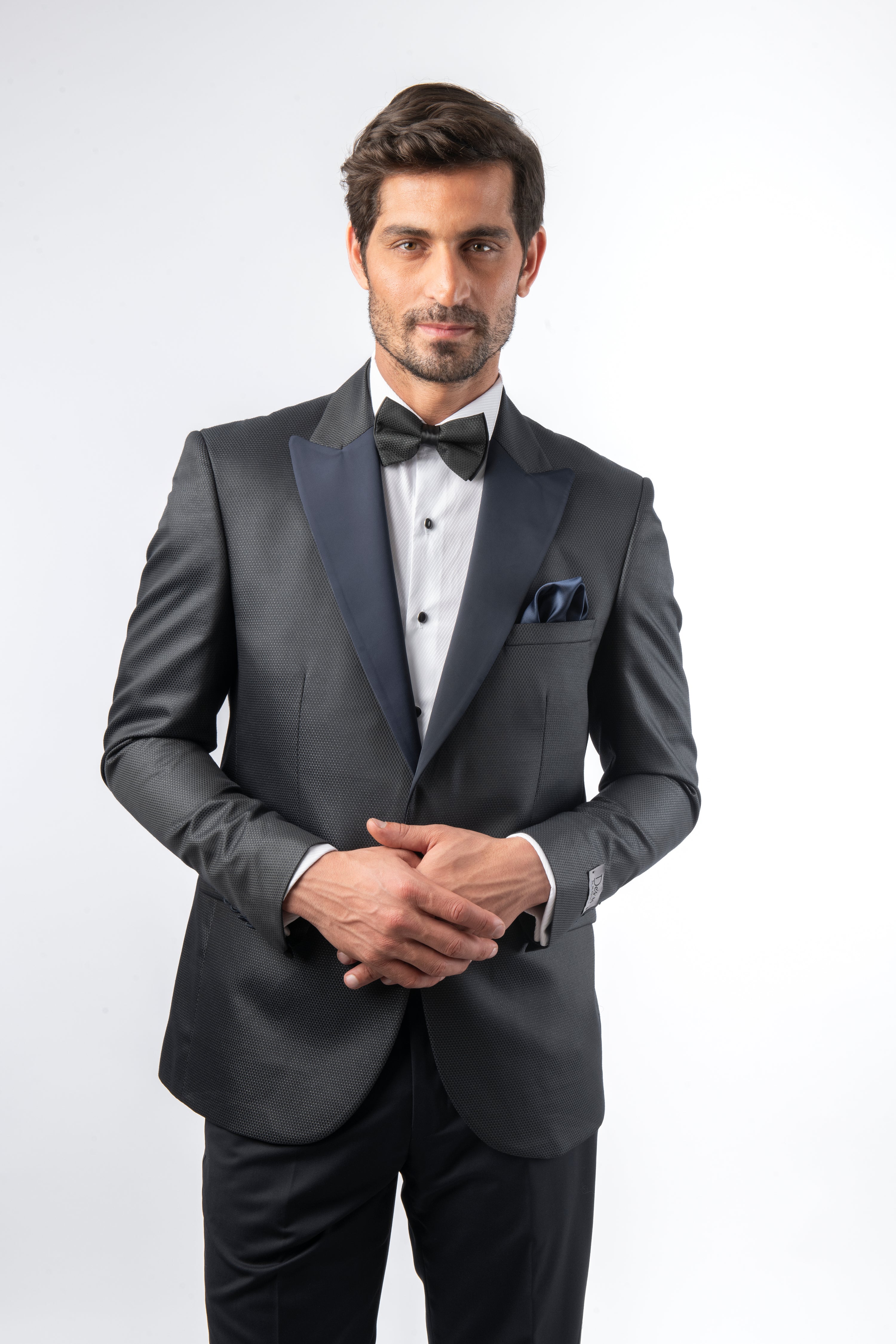 Jacquard Peaked Lapel Super Slim Black Tuxedo