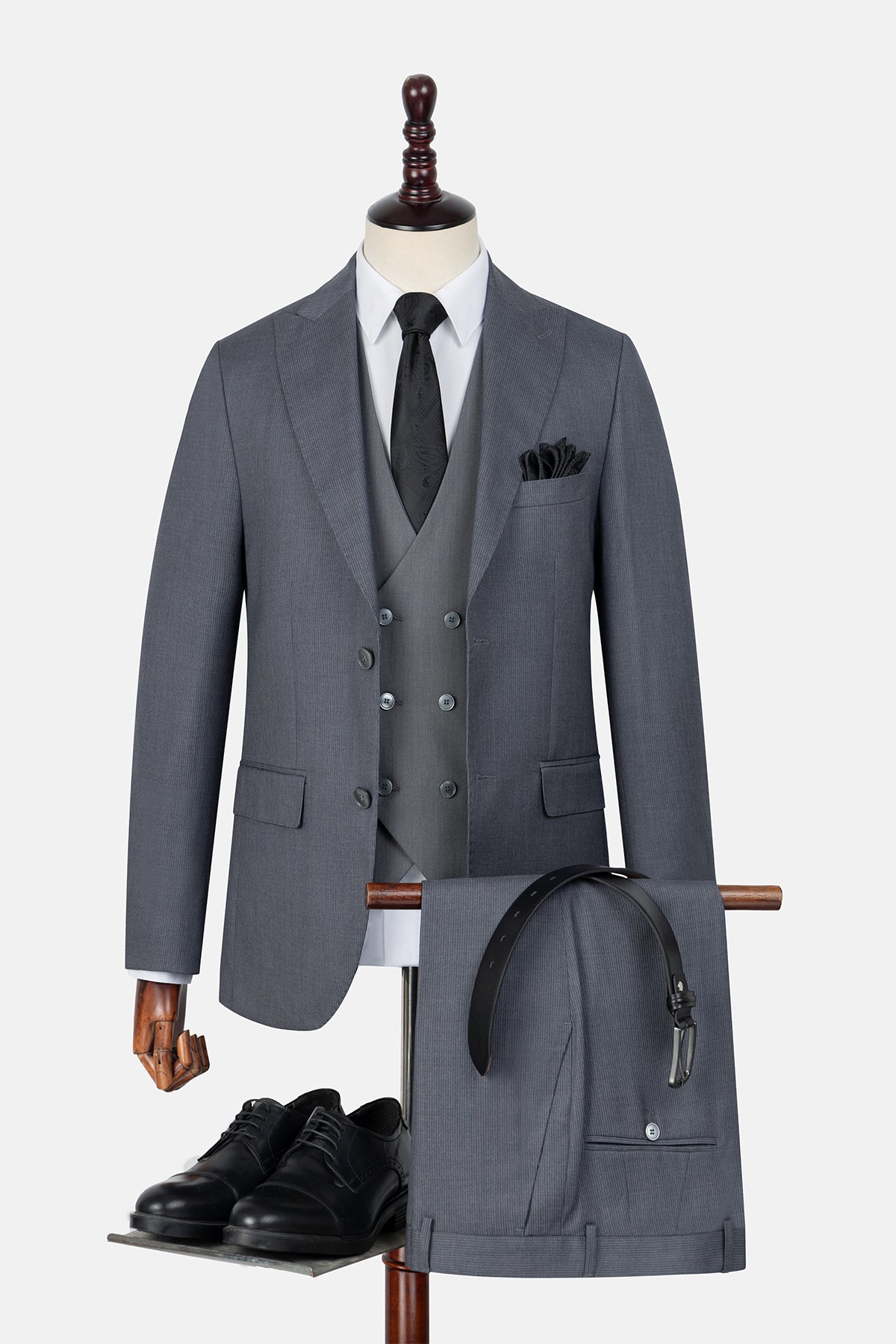 Striped Dark Gray Suit With Suit Vest - 1