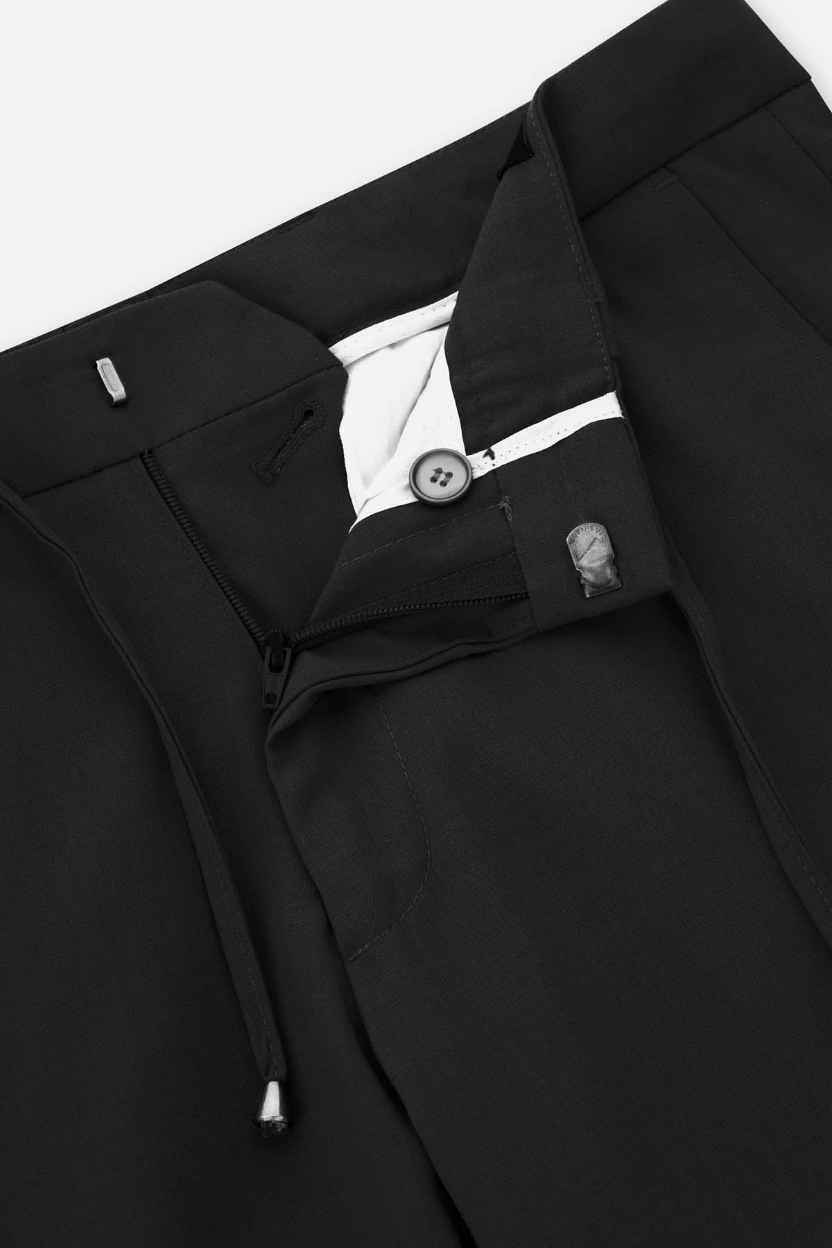 Laced-Up Flat front Black Chino Smart Casual Trouser