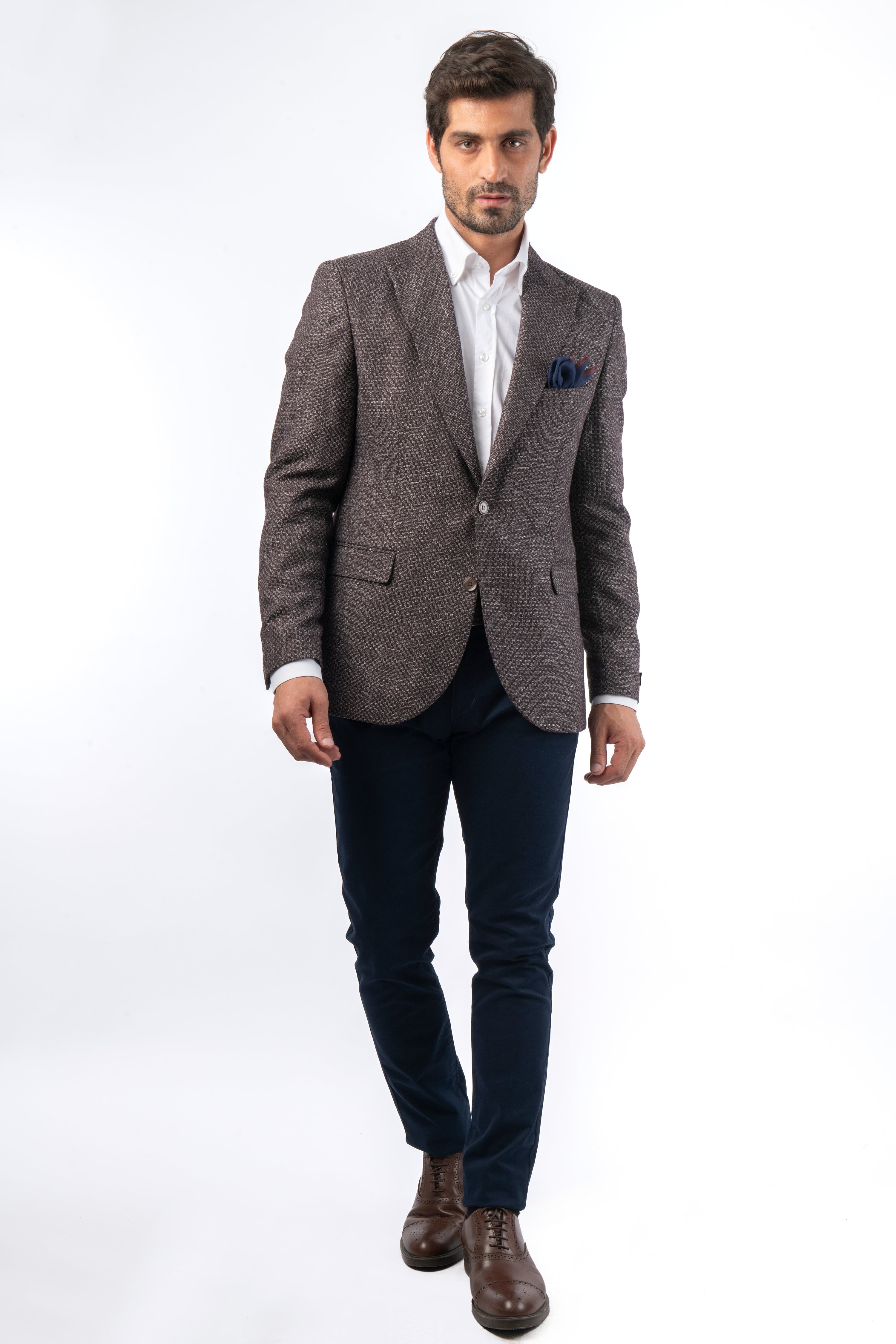 Jacquard Woven Slim Knitted Peacked Lapel Caput Mortuum Dobby Blazer - 2