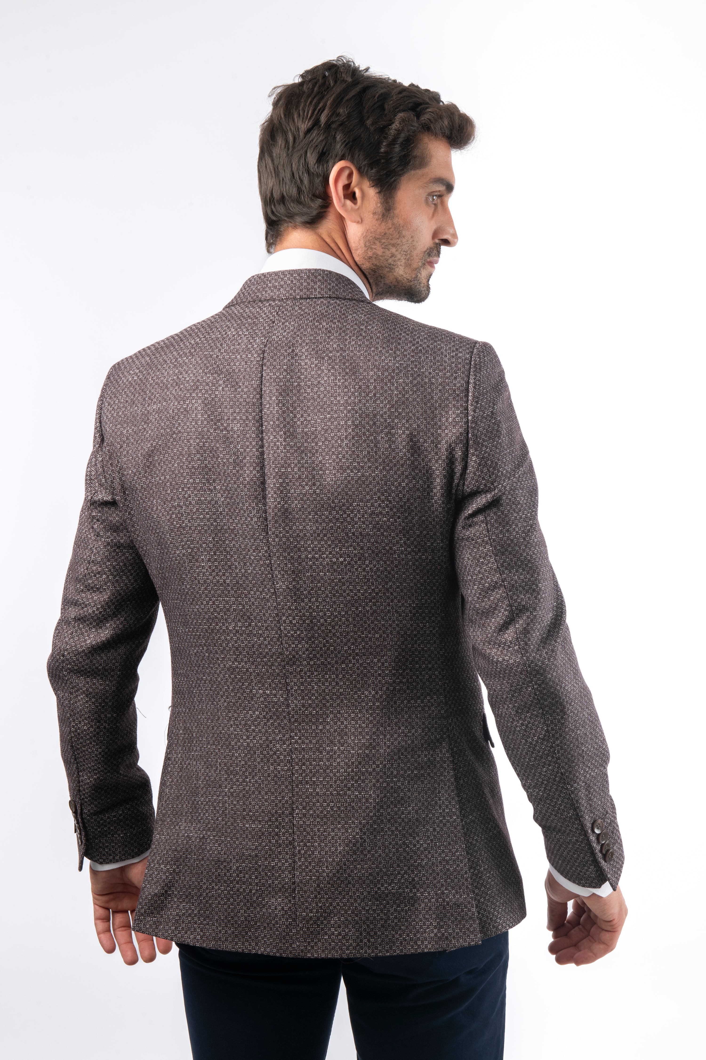 Jacquard Woven Slim Knitted Peacked Lapel Caput Mortuum Dobby Blazer - 4