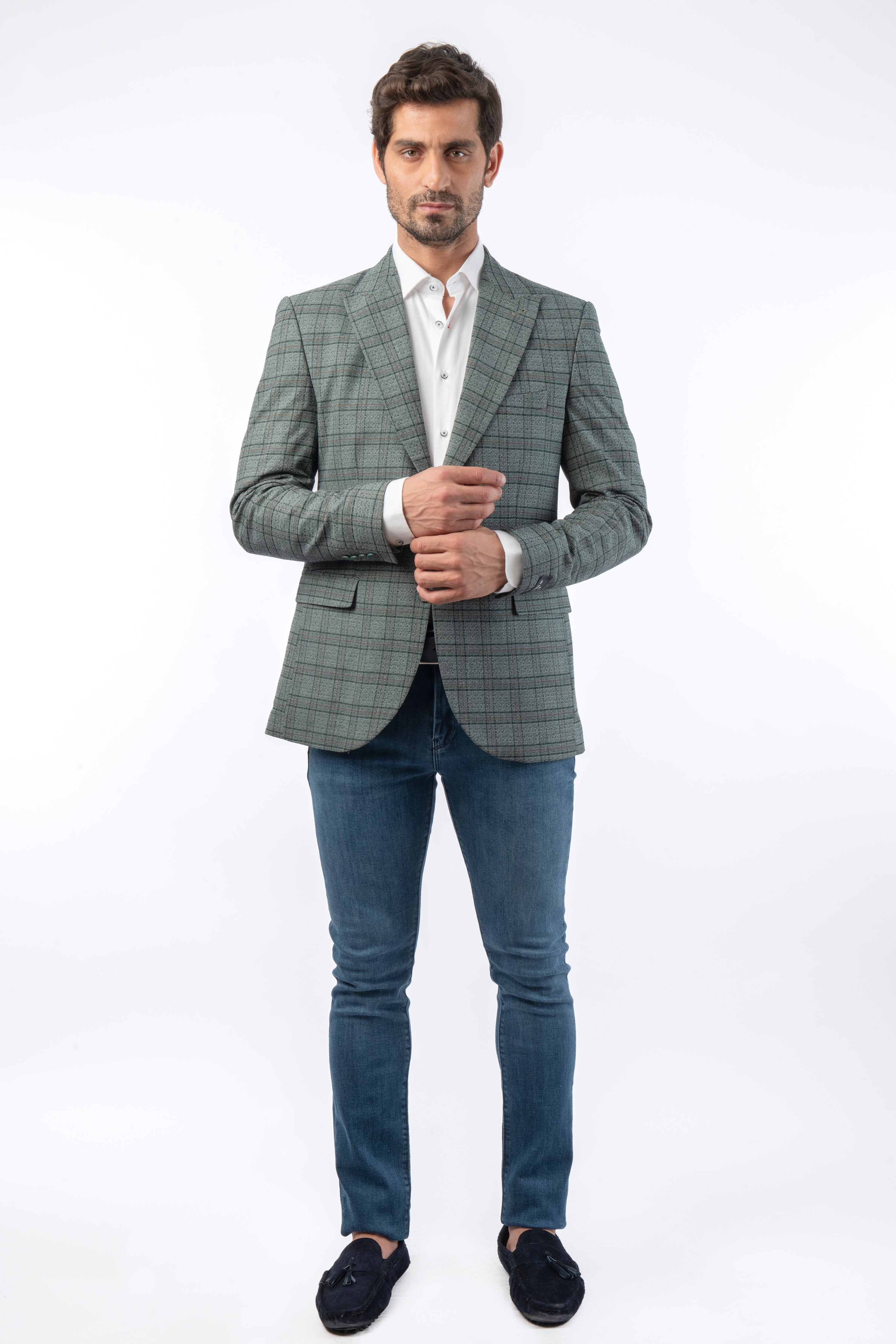 Woven Checked Jacquard Reseda Green Slim Blazer