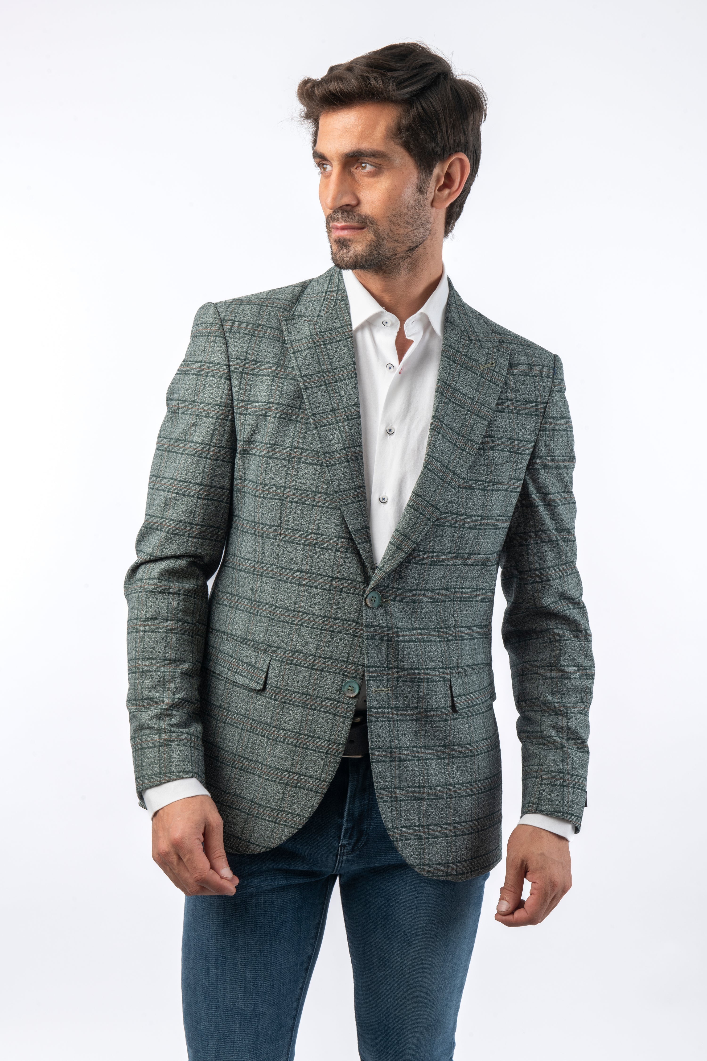 Woven Checked Jacquard Reseda Green Slim Blazer