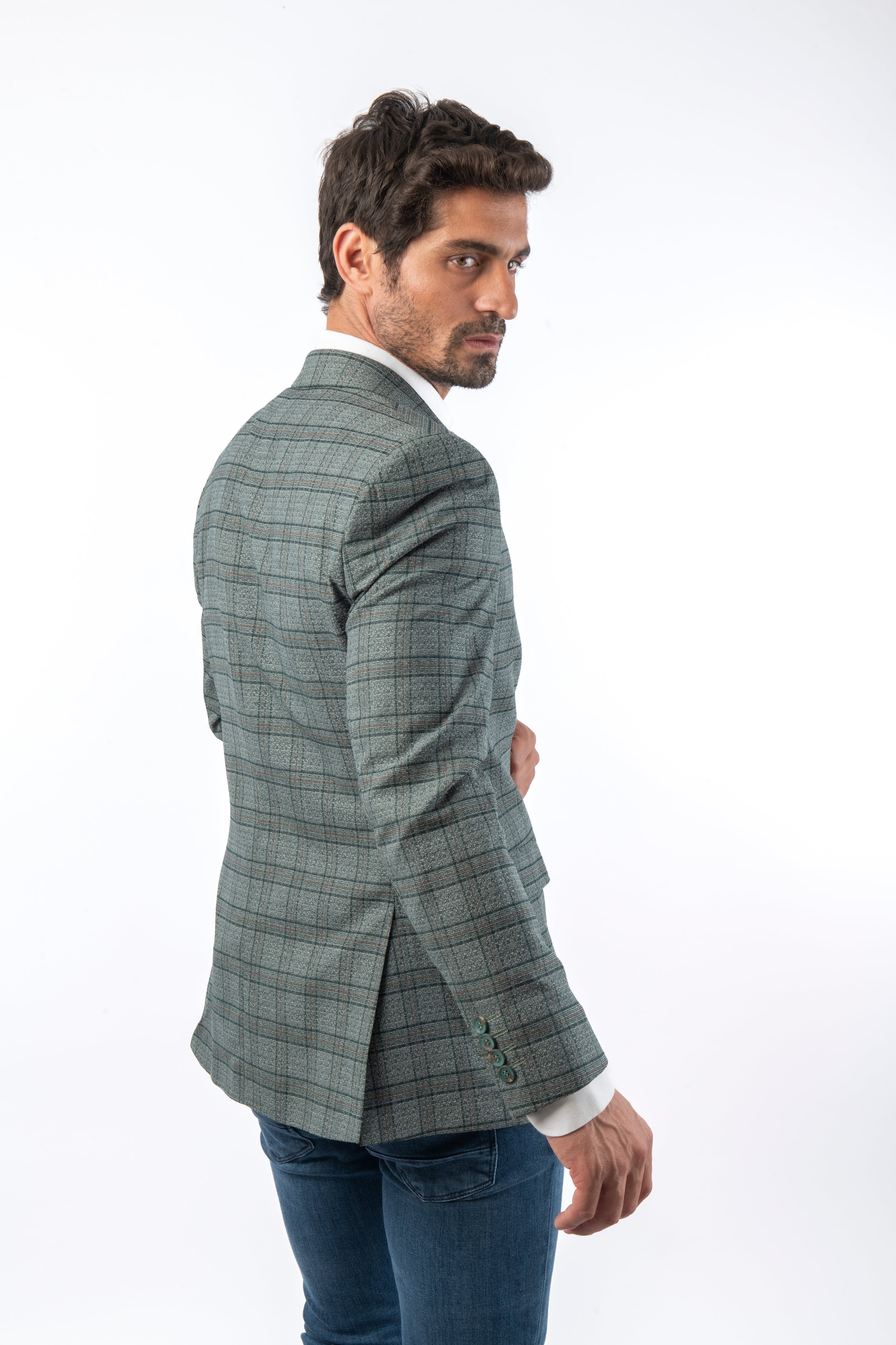 Woven Checked Jacquard Reseda Green Slim Blazer