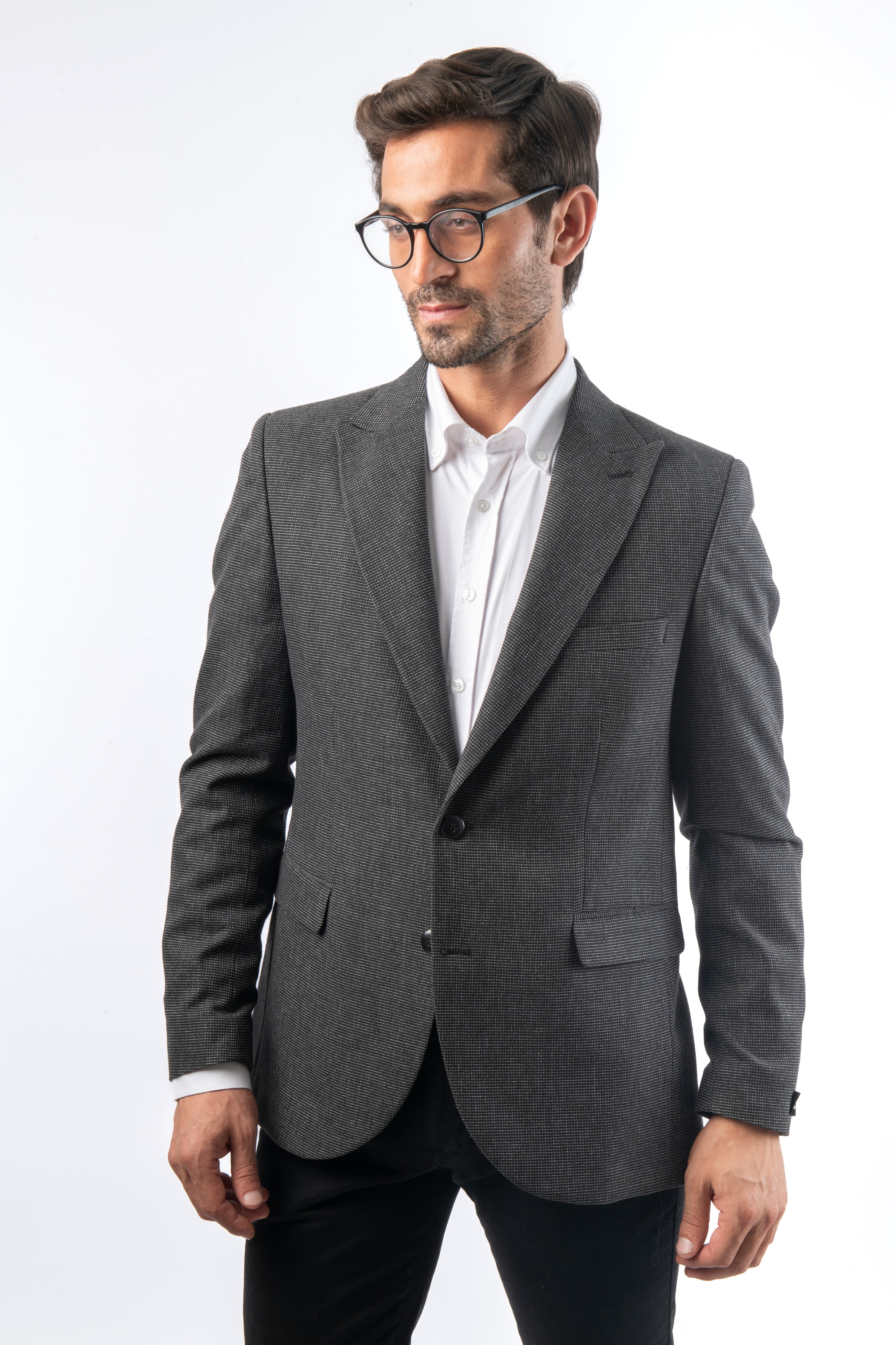Jacquard Woven Slim Black & Gray Blazer - 1