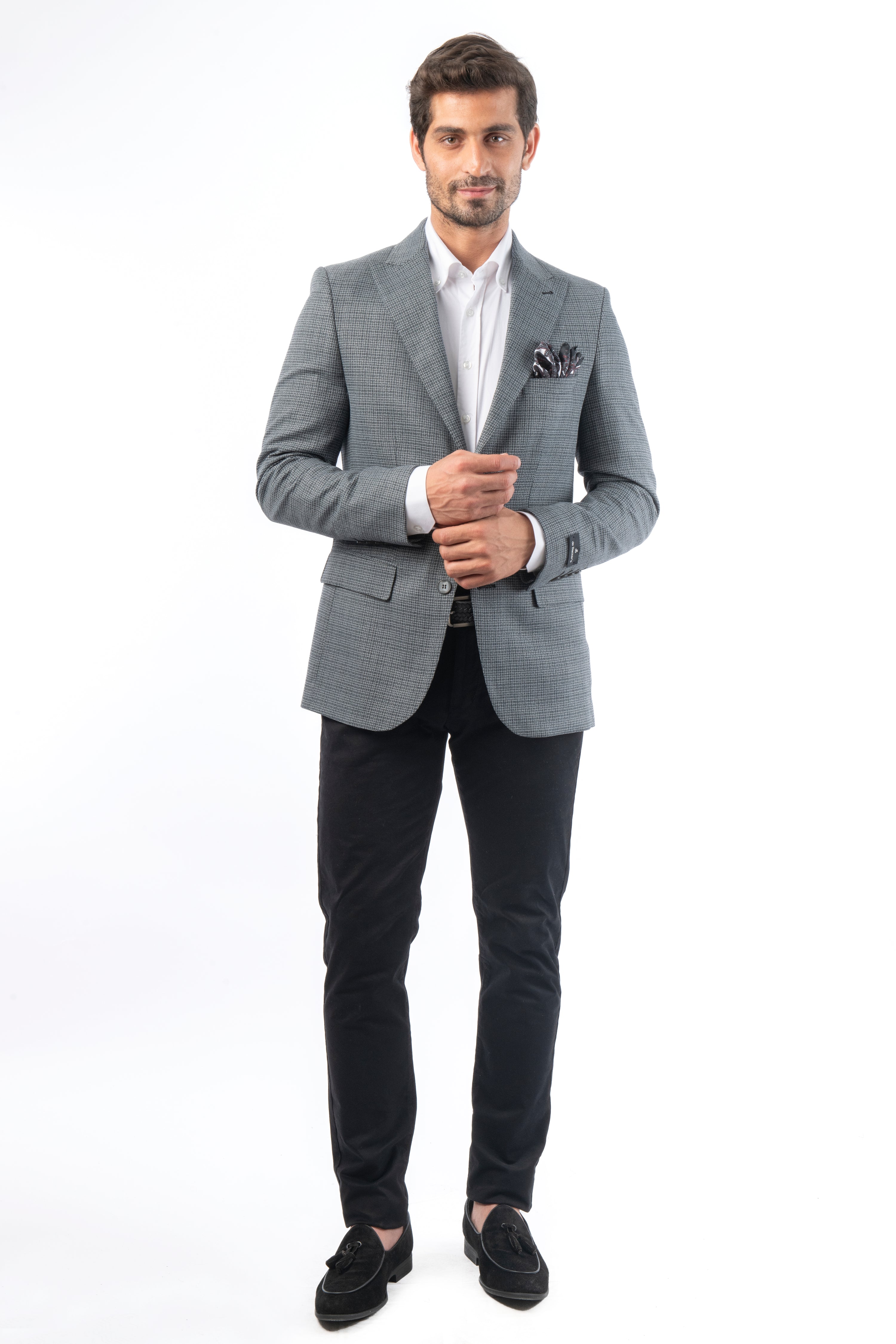 Jacquard Woven Light Gray & Gray Blazer