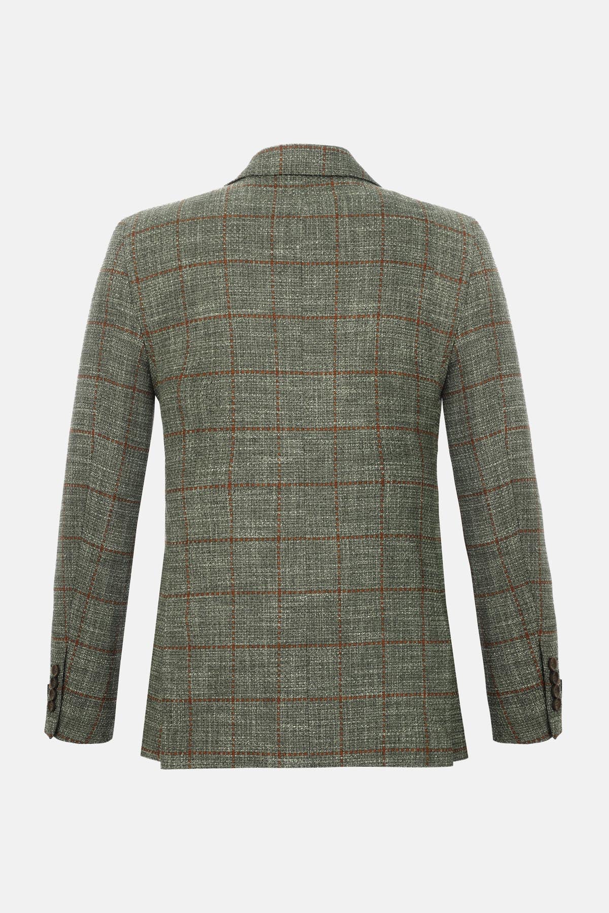 Checked Wool Knitted Peaked Lapel Light Olive & Orange Blazer