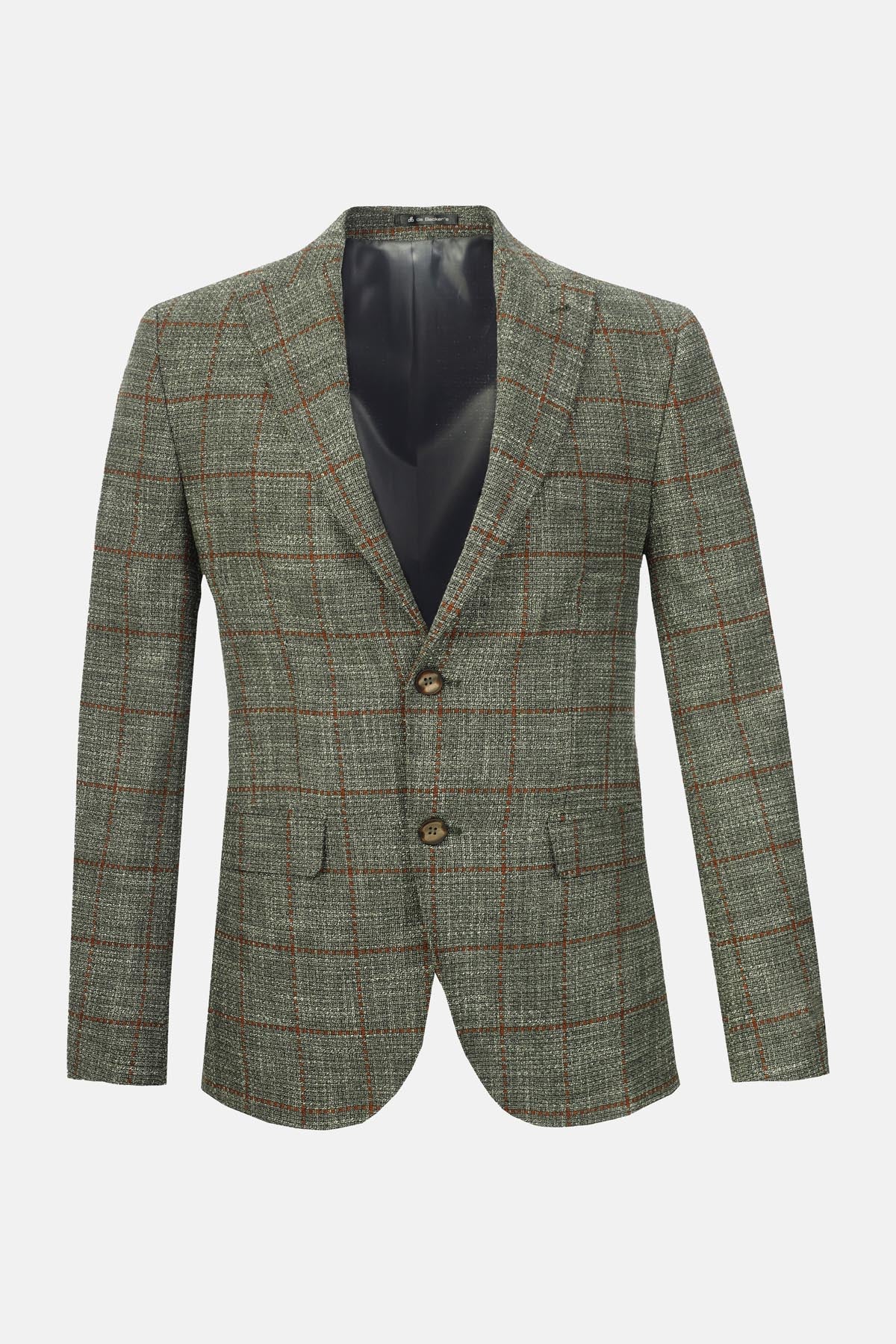 Checked Wool Knitted Peaked Lapel Light Olive & Orange Blazer