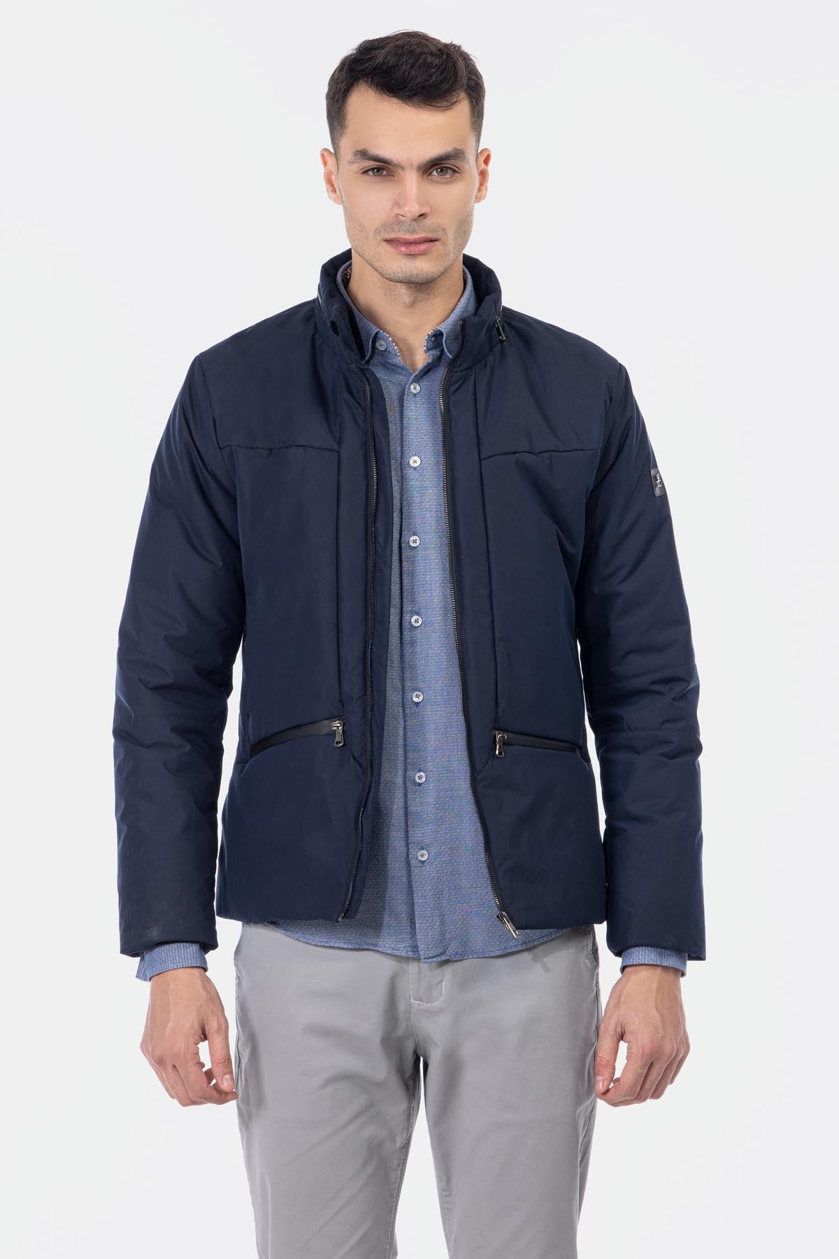 Waterproof Solid Patted Navy Sweater Jacket