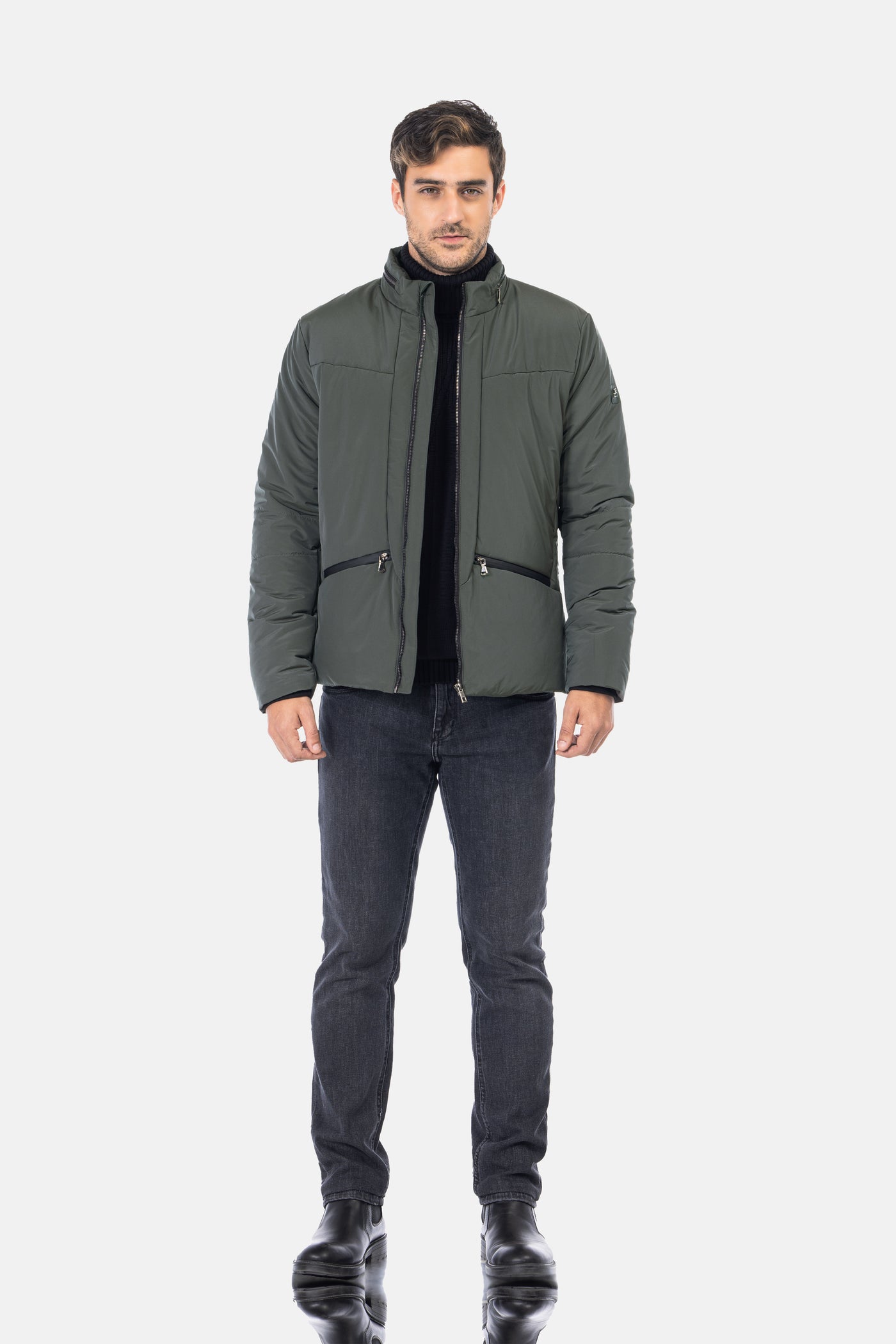 Waterproof Solid Patted Grayish Green Sweater Jacket