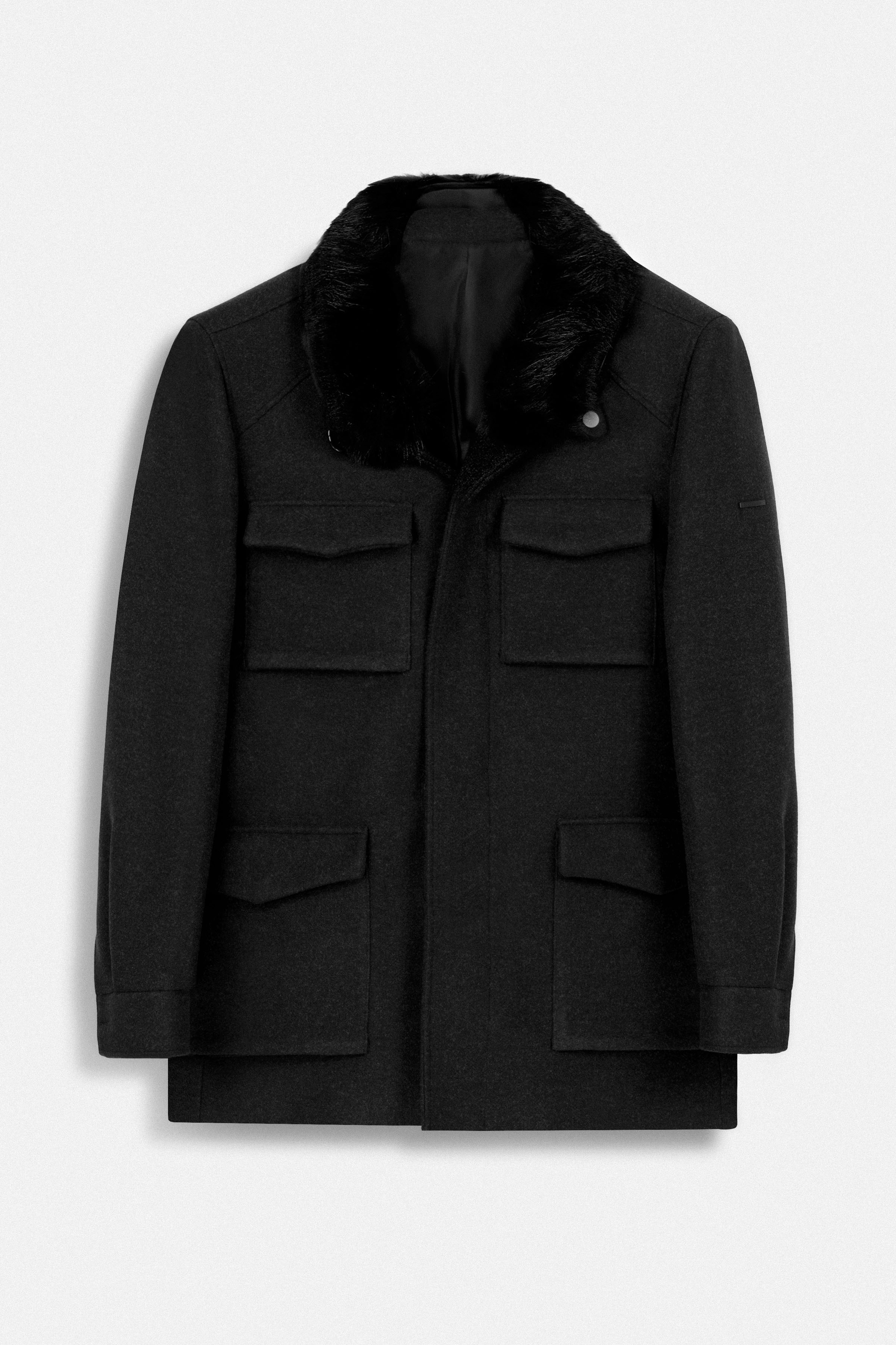 Black Wool Feel Felt Jacket with fur piece