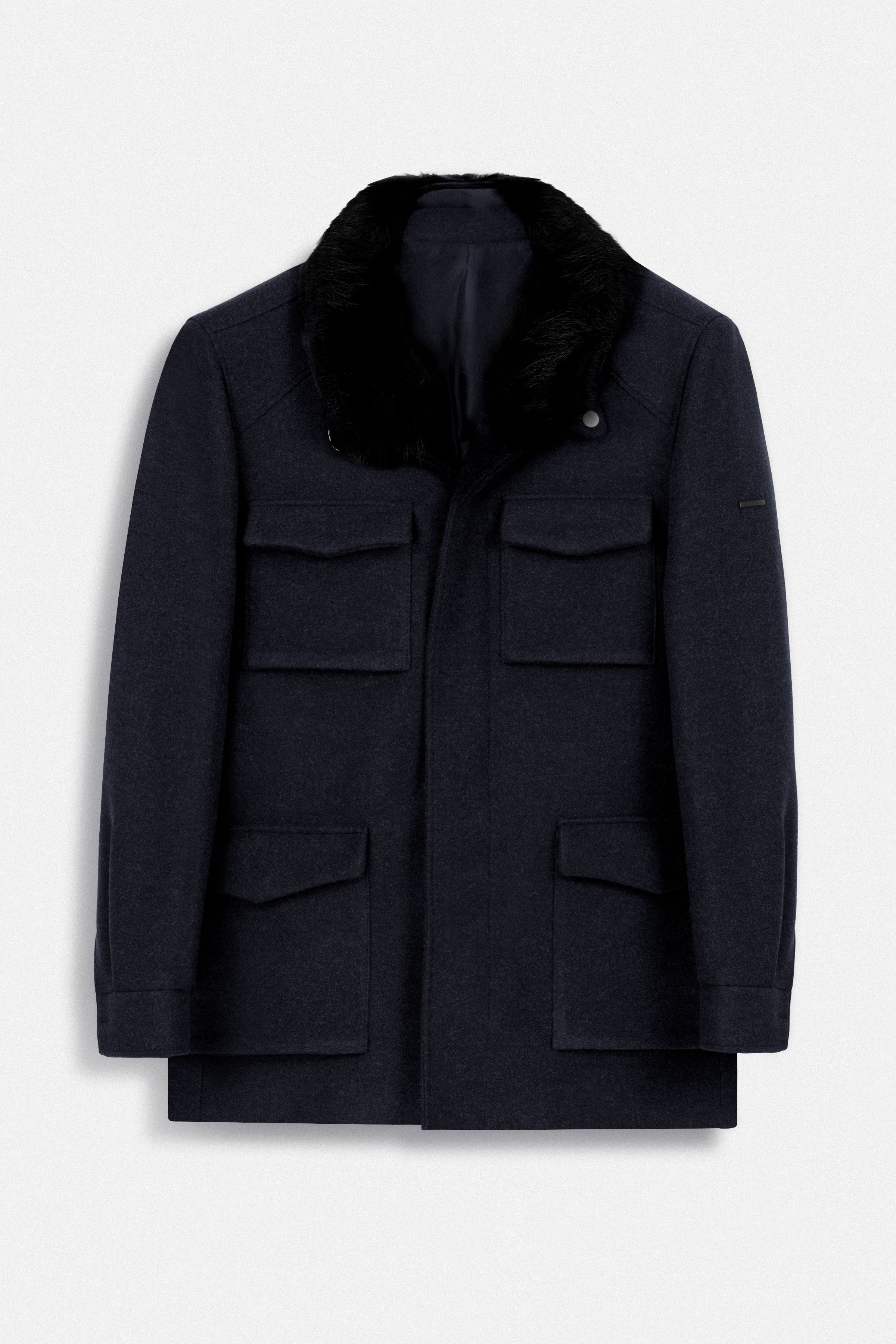 Navy Wool Feel Felt Jacket with fur piece