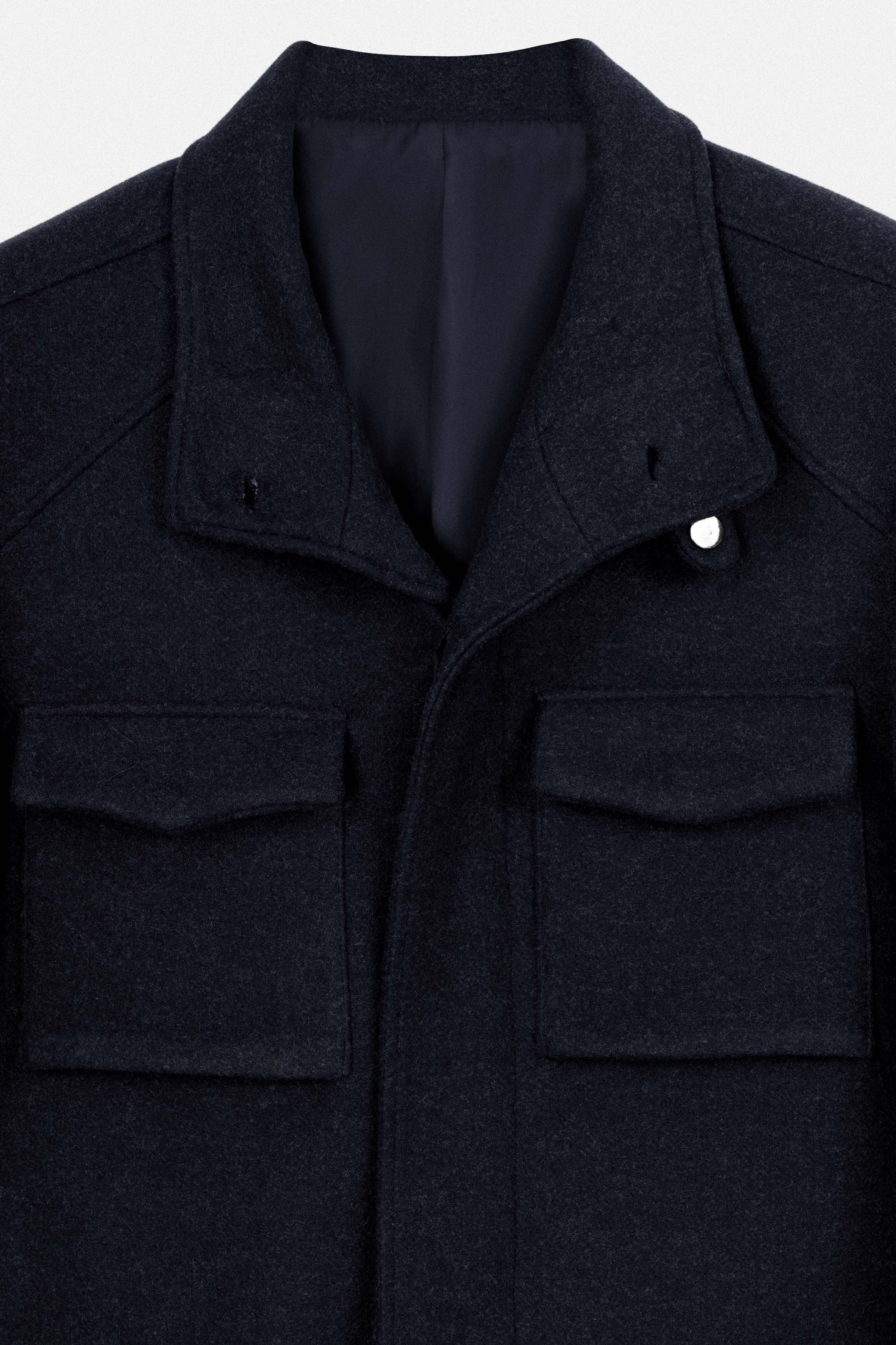 Navy Wool Feel Felt Jacket with fur piece