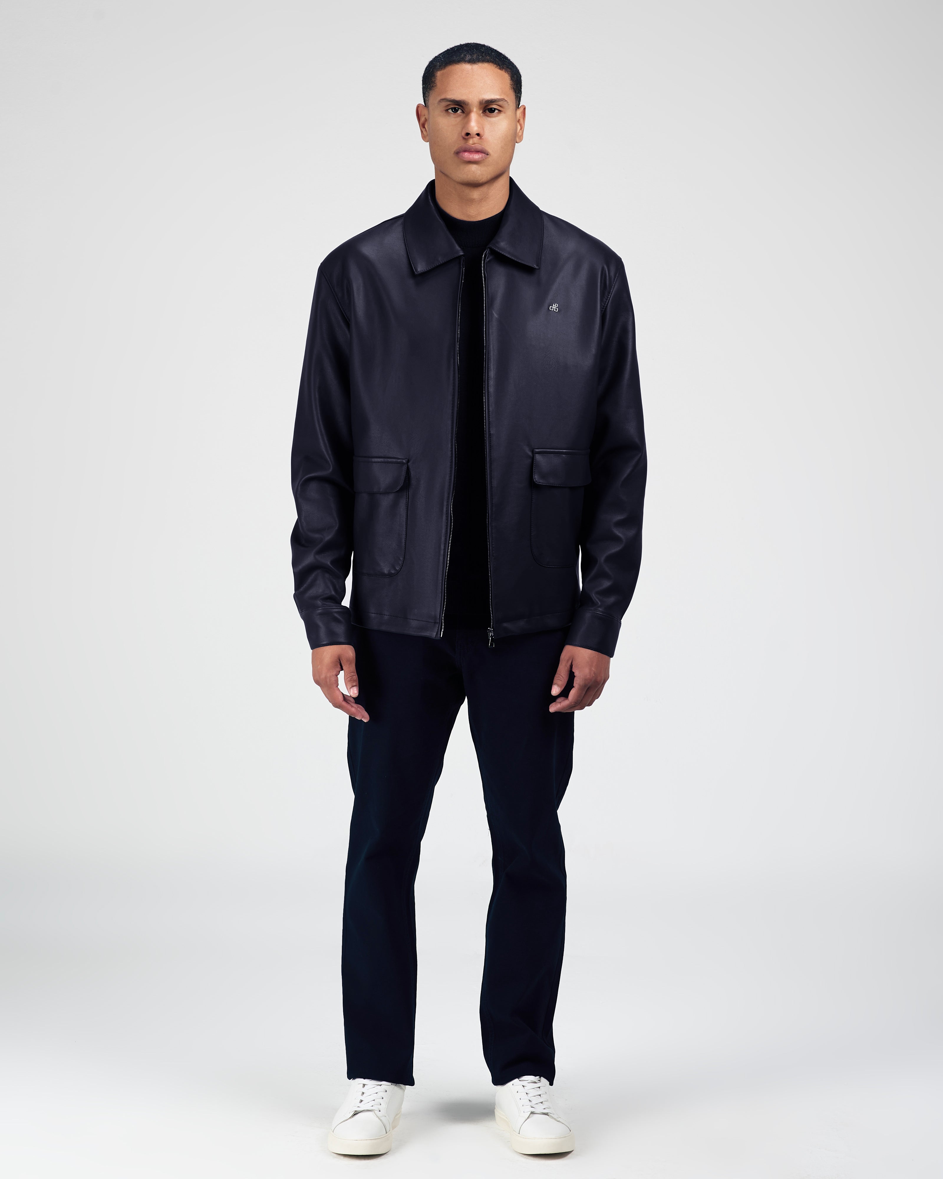 Solid Zip-Up Navy leather Jacket