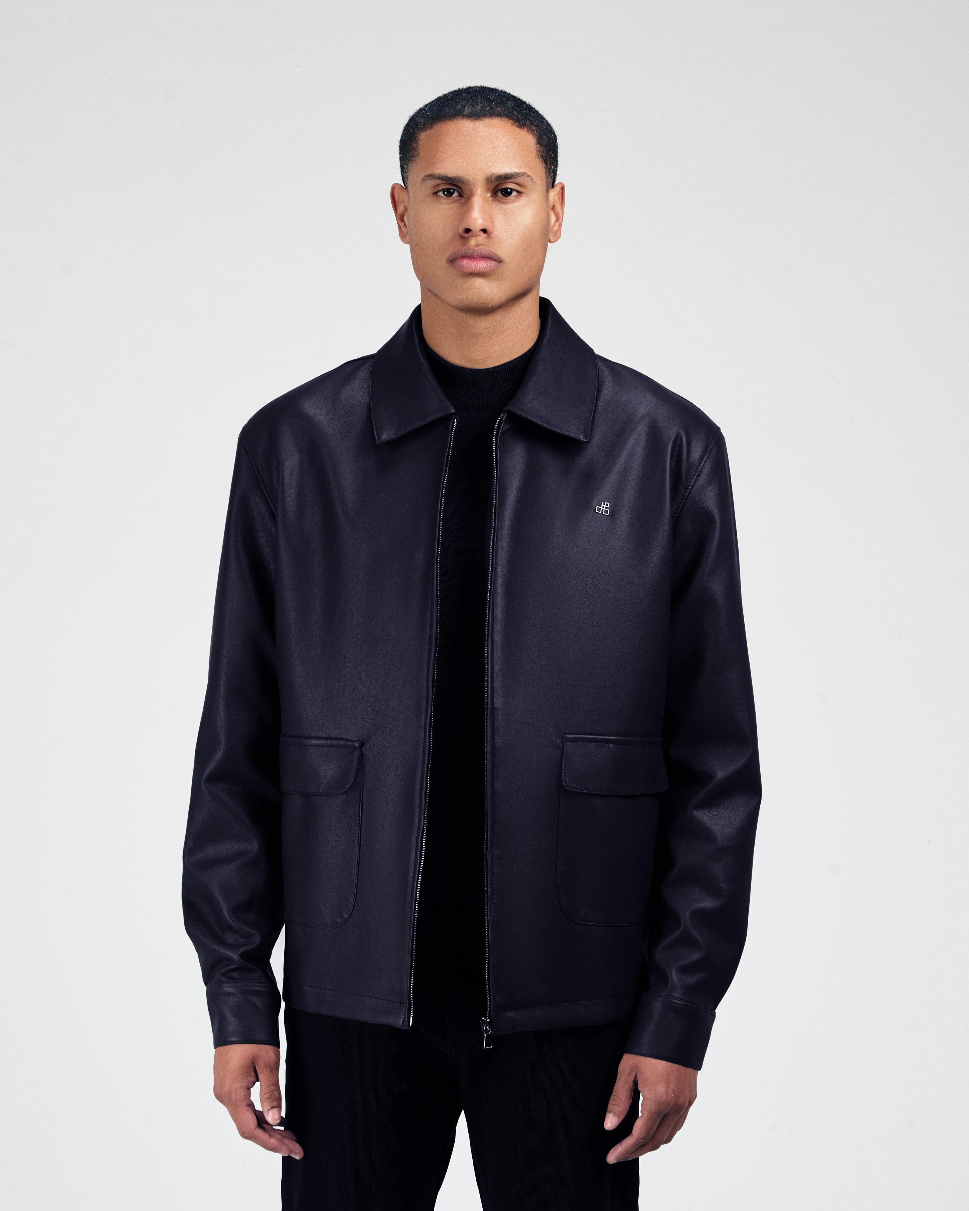 Solid Zip-Up Navy leather Jacket