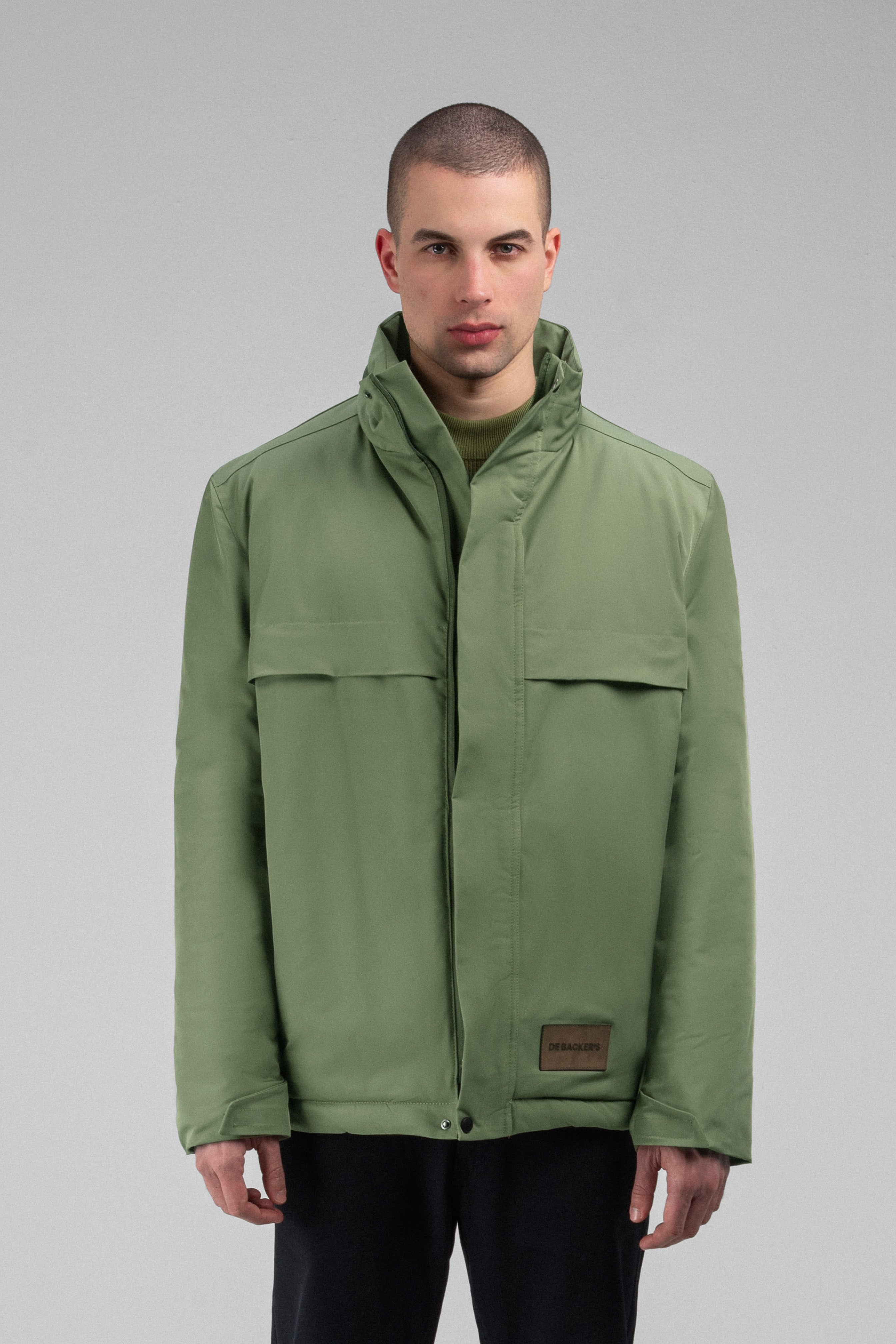 Waterproof Reseda Green Gabardine Jacket With Hoodie