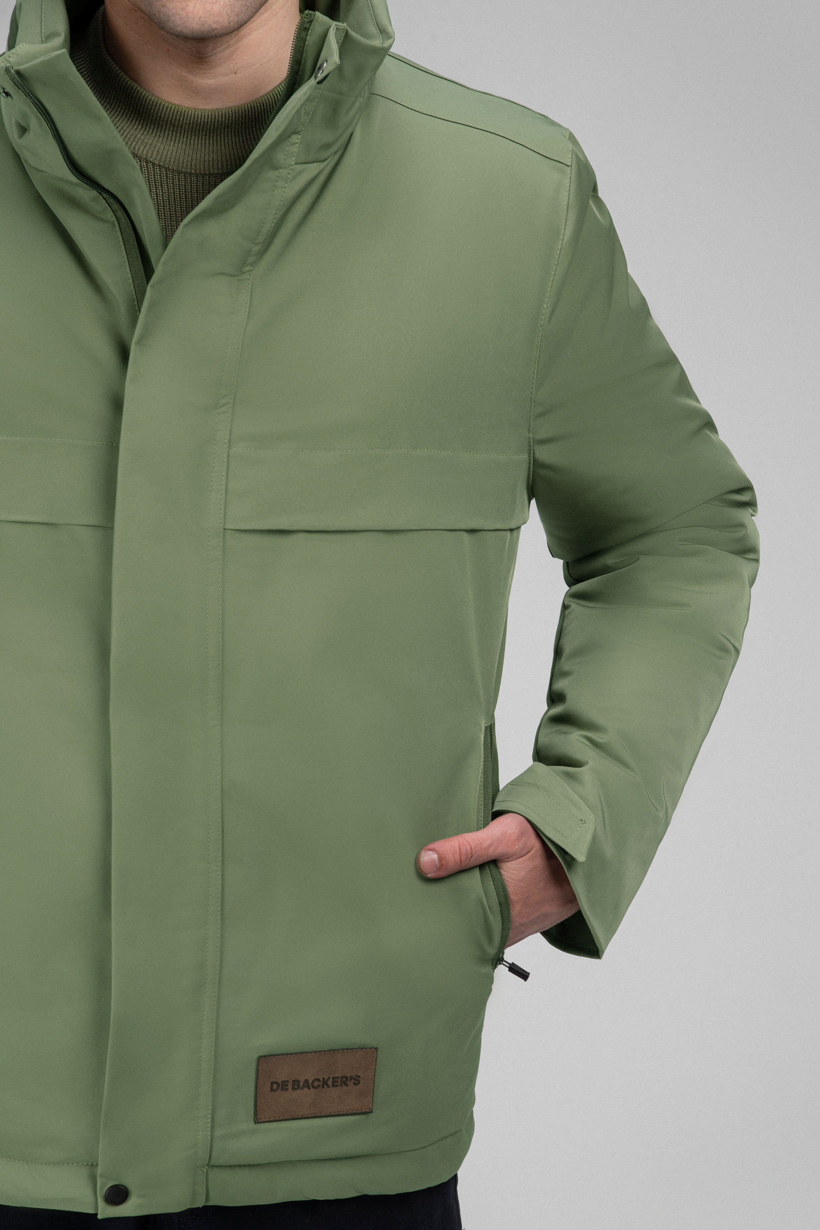 Waterproof Reseda Green Gabardine Jacket With Hoodie - 3