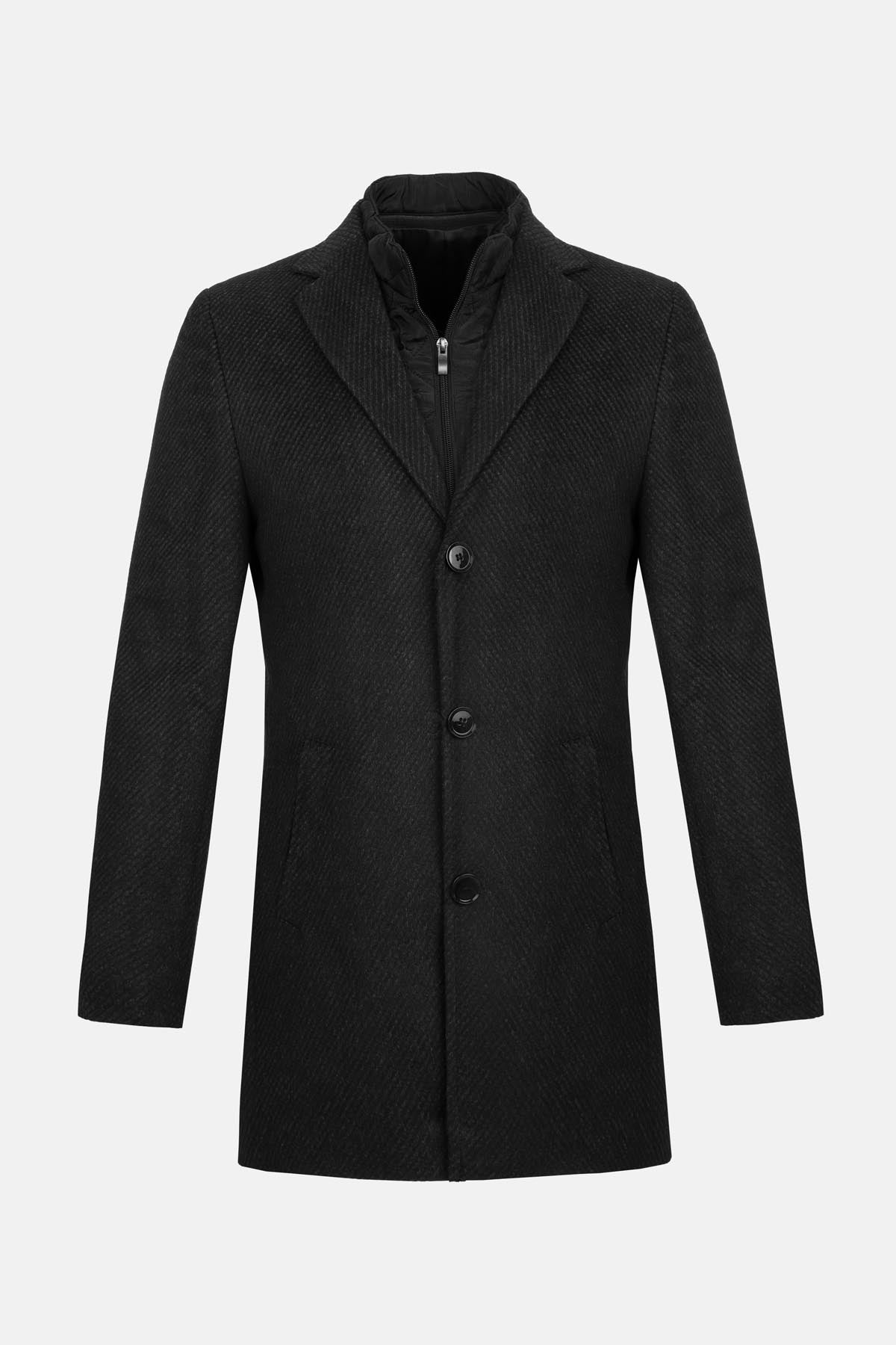 Jacquard Dark Gray & Black Woven wide lapel Coat with removable padded piece