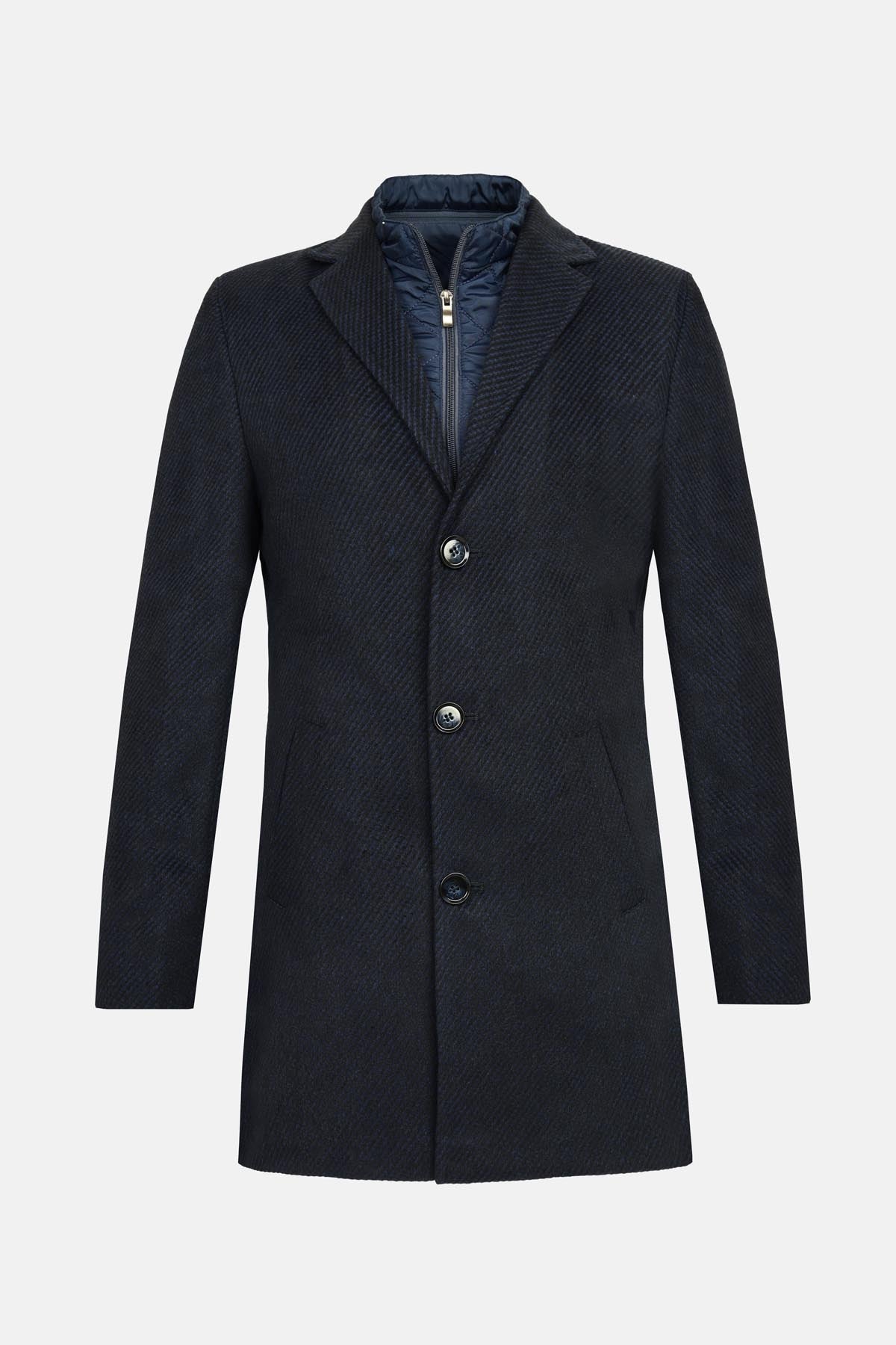 Jacquard Black & Navy Woven wide lapel Coat with removable padded piece