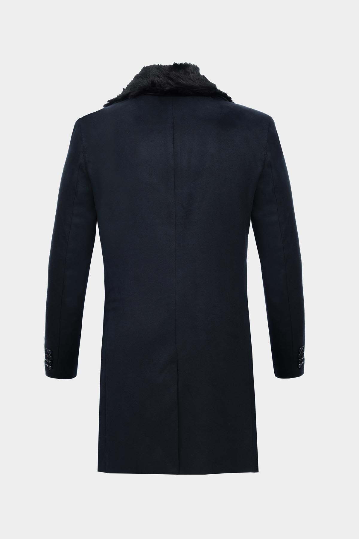 Woven Navy Long Coat with removable Fur piece