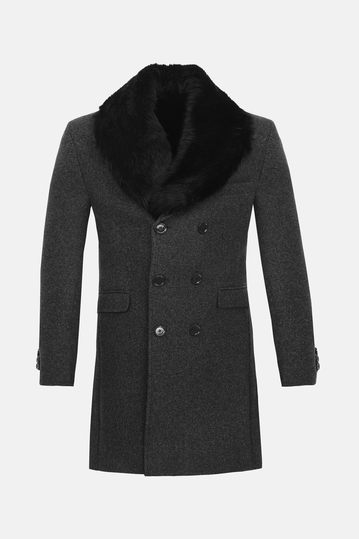 Woven Dark Gray & Black Long Coat with removable Fur piece