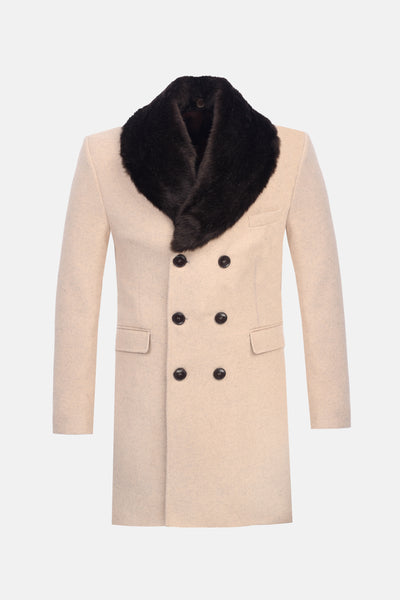 Woven Light Beige Long Coat with removable Fur piece