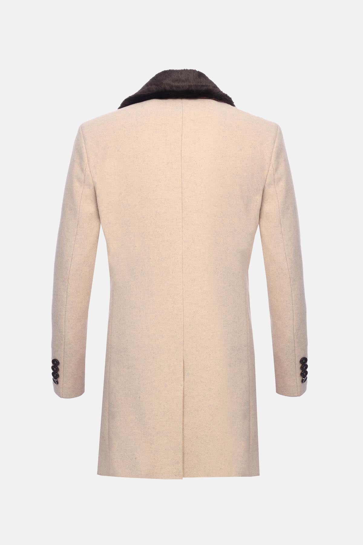 Woven Light Beige Long Coat with removable Fur piece