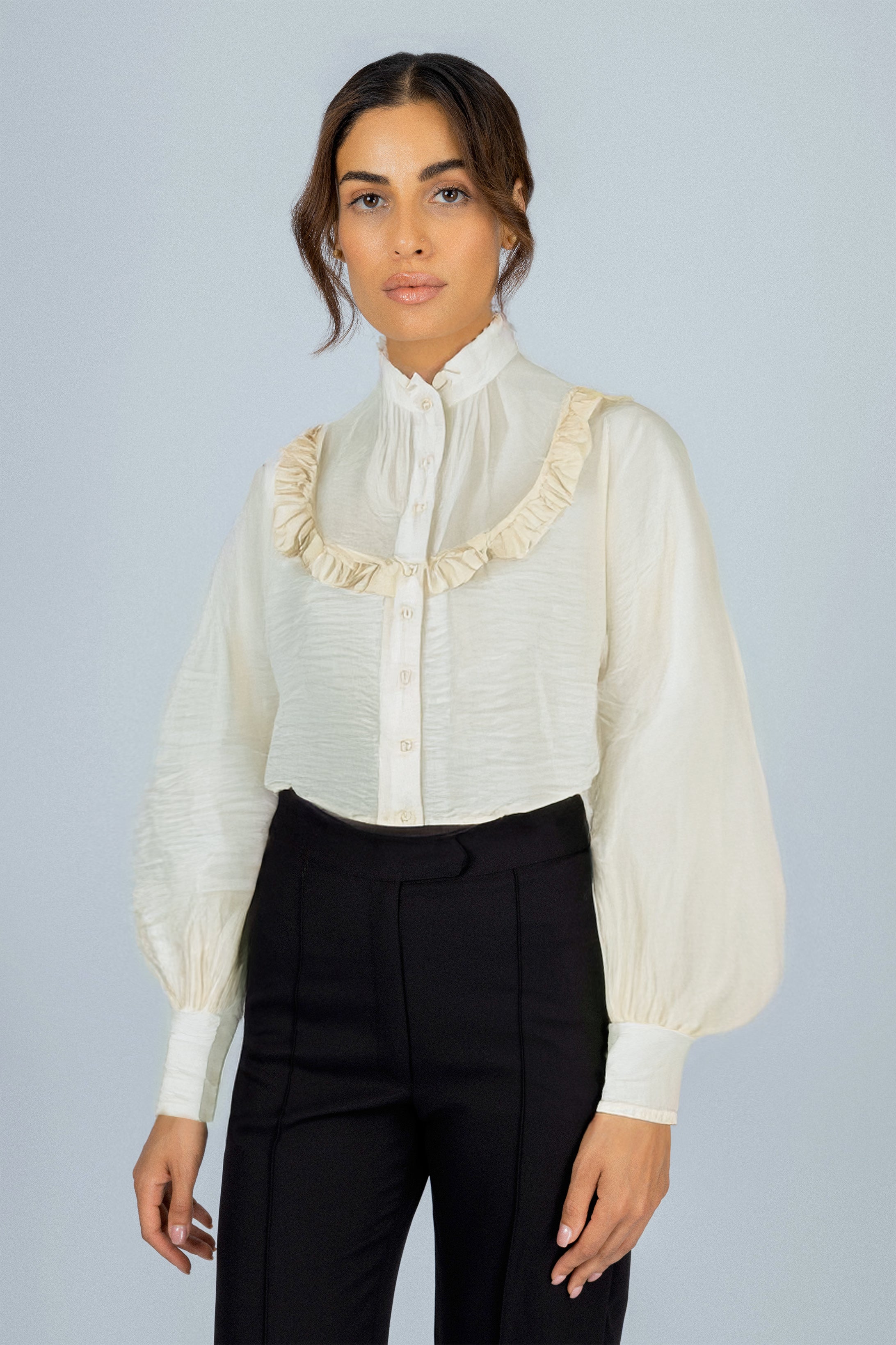 Off White Chiffon High Collar Blouse