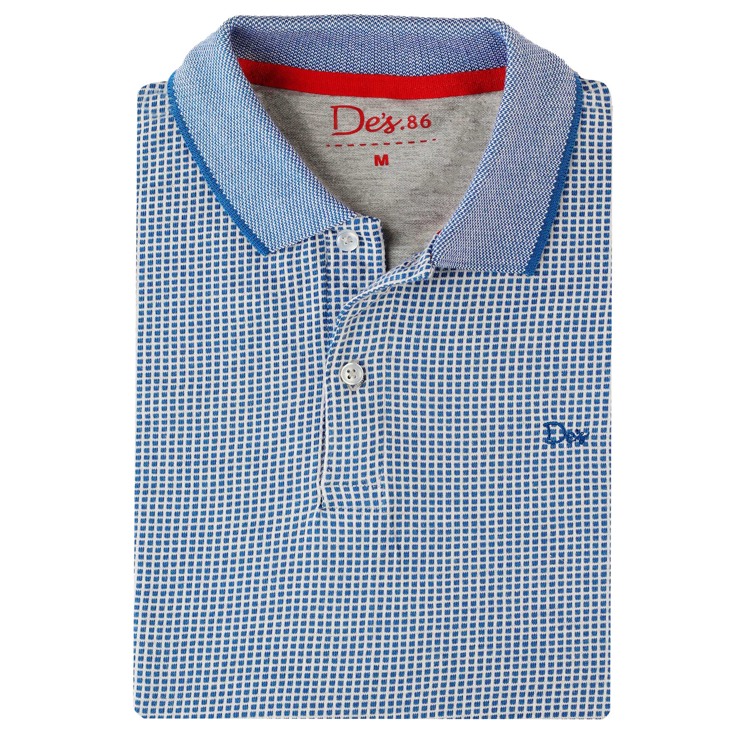 Jacquard Checked Knitted White & Blue Cotton Polo