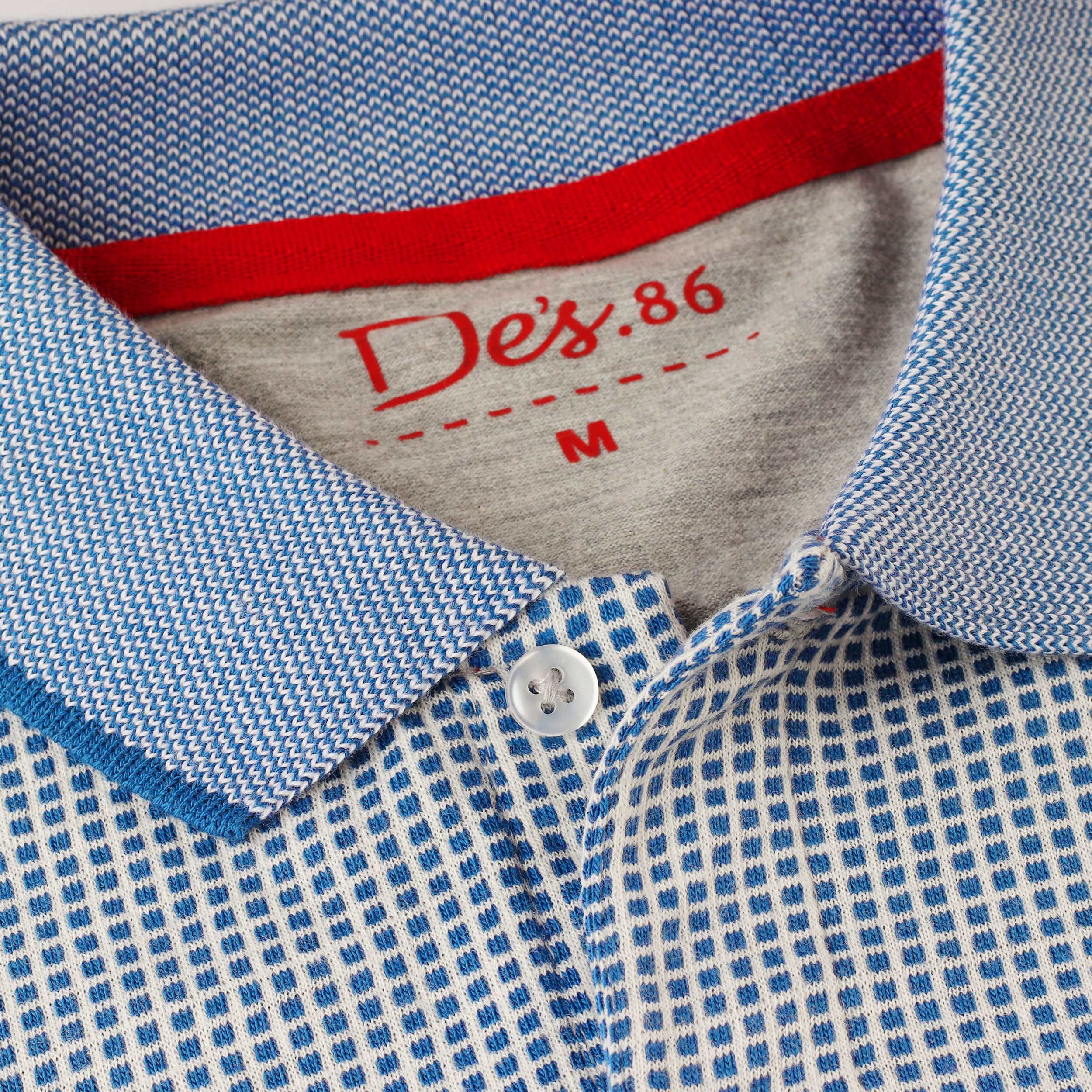 Jacquard Checked Knitted White & Blue Cotton Polo