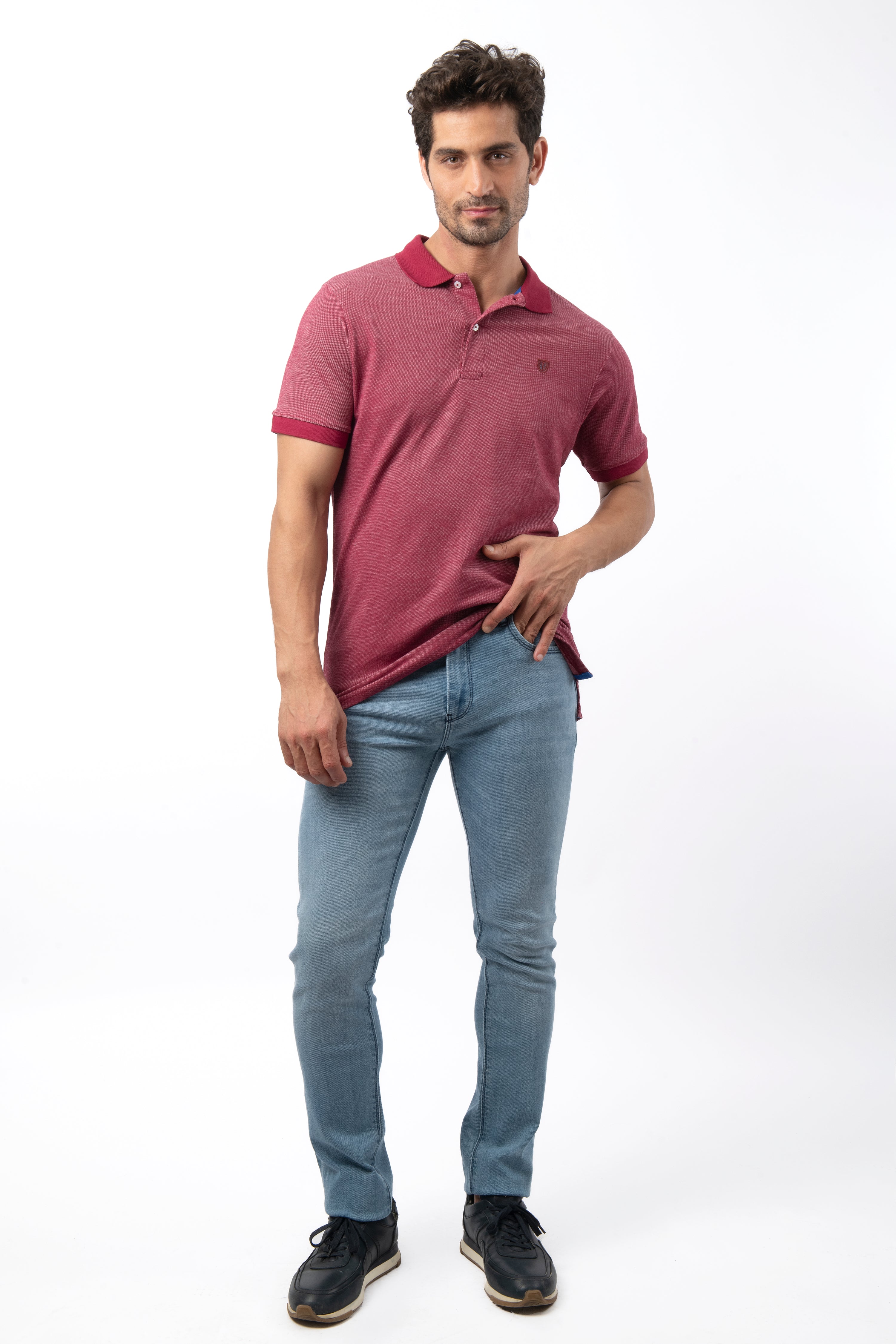 Pique Jacquard Claret Red Cotton Polo