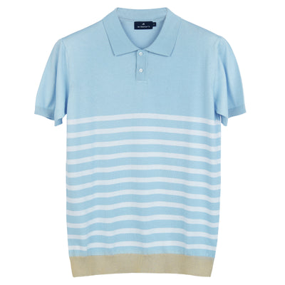 Knitted Striped Light Blue & White Cotton Polo