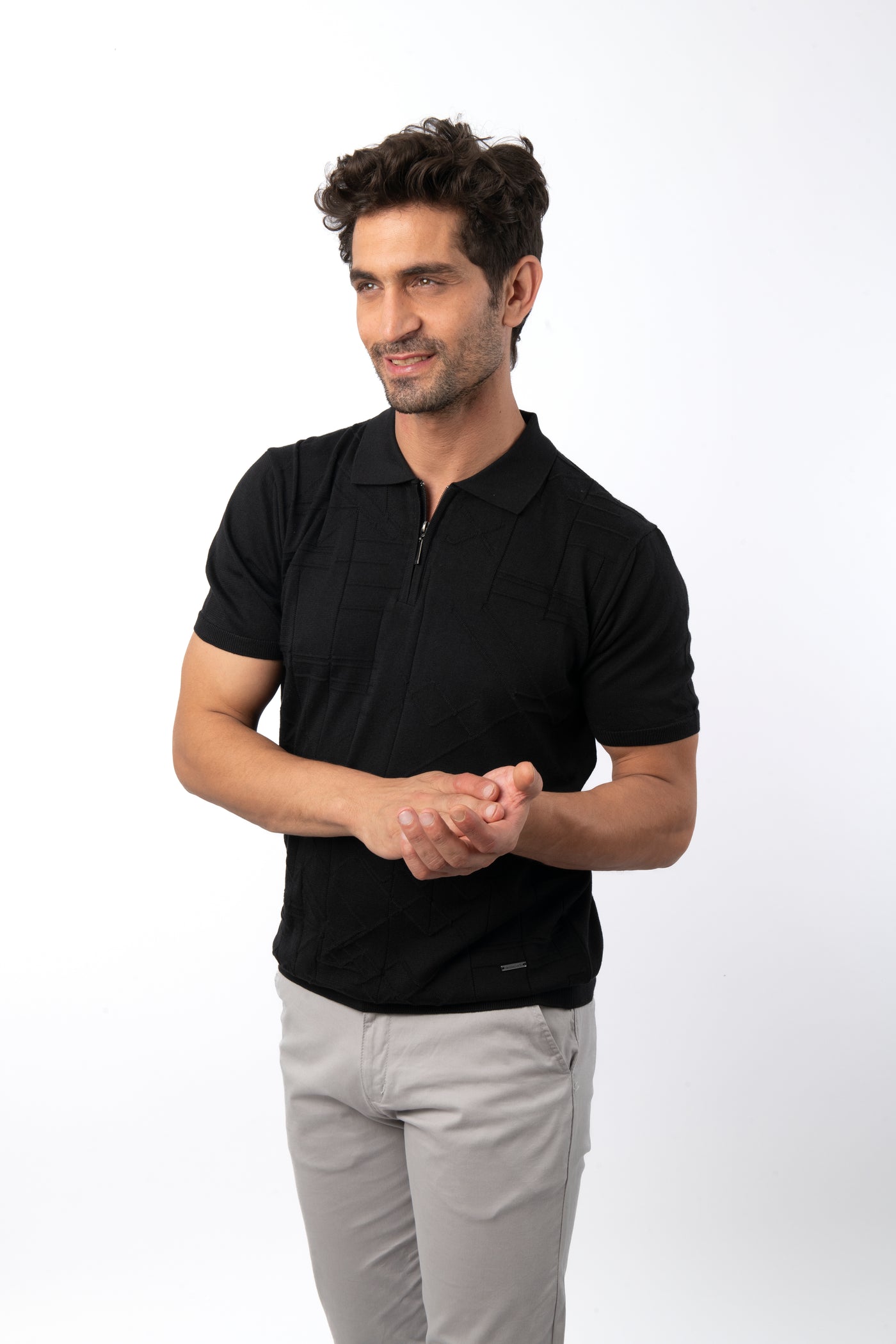 Knitted Jacquard Black Cotton Polo