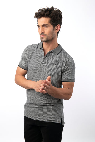 Jacquard Checked Knitted White & Black Cotton Polo