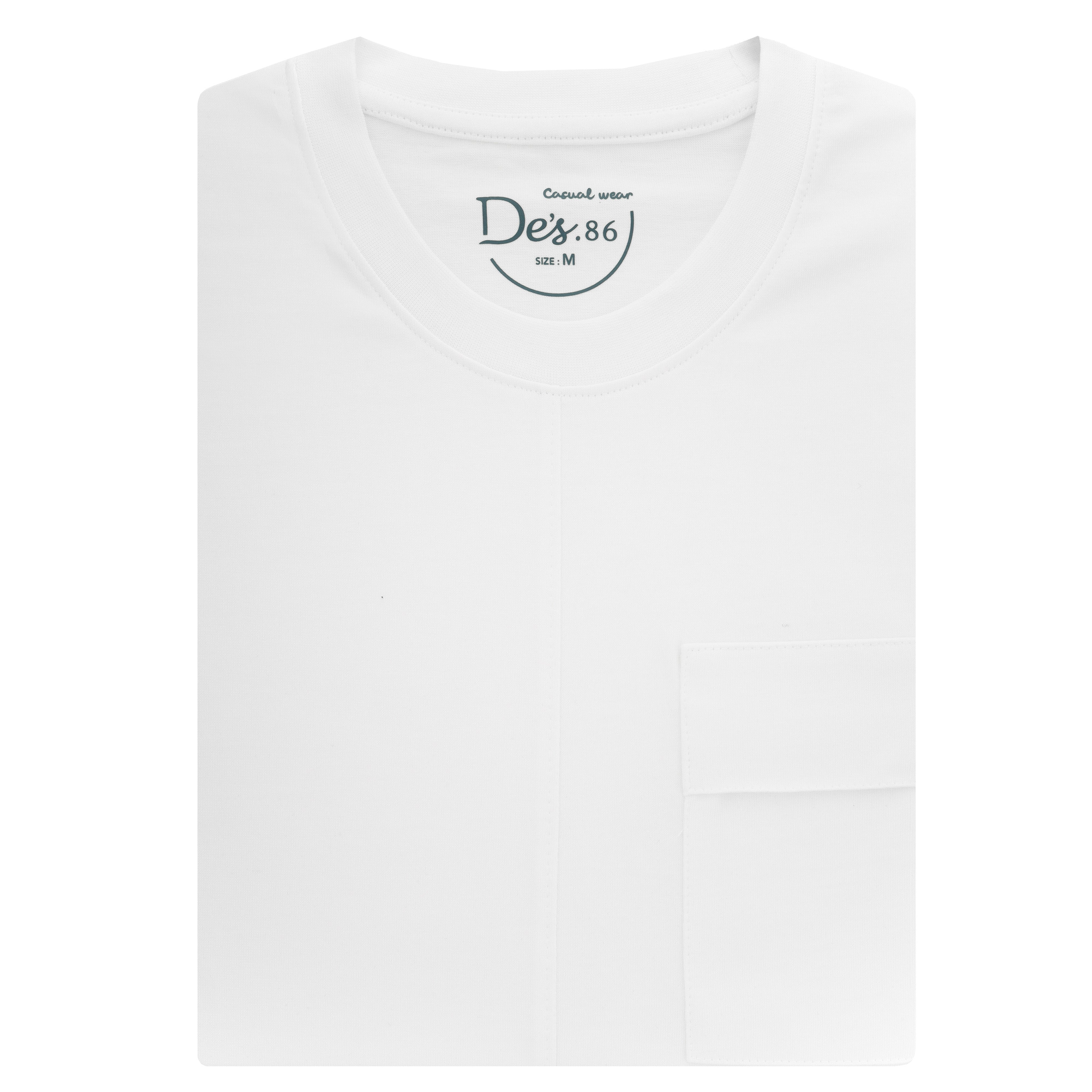 White Solid Pocket Cotton Round T Shirt