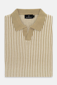 Striped Knitted Khaki & White V-Neck Polo - 1