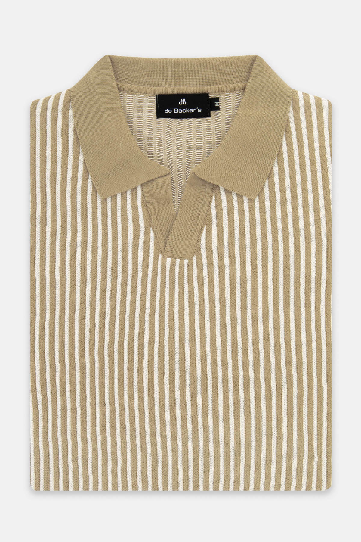 Striped Knitted Khaki & White V-Neck Polo