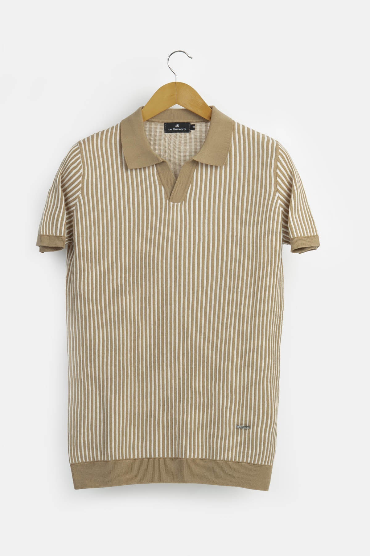 Striped Knitted Khaki & White V-Neck Polo