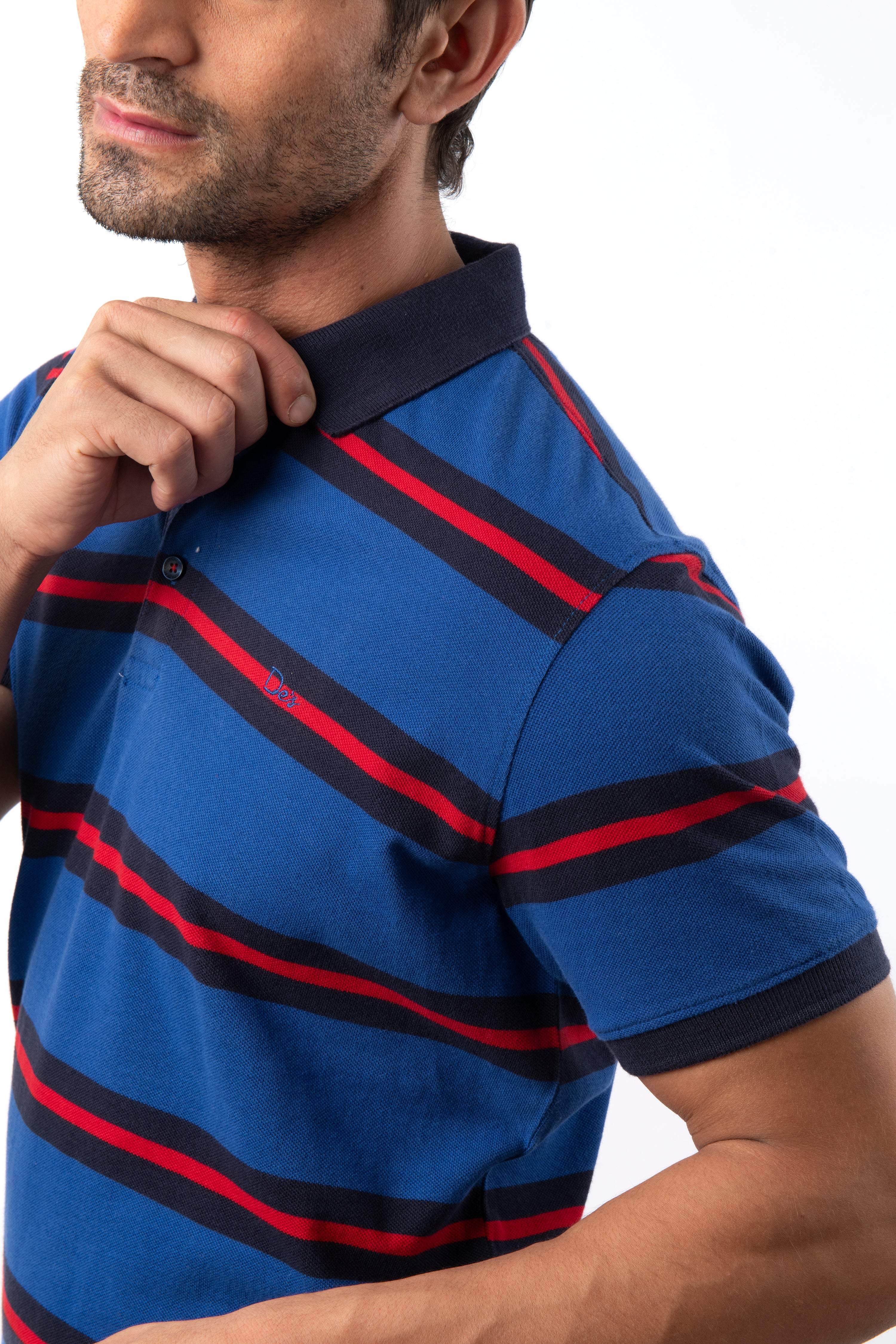 Pique Striped  Marian Blue Cotton Polo