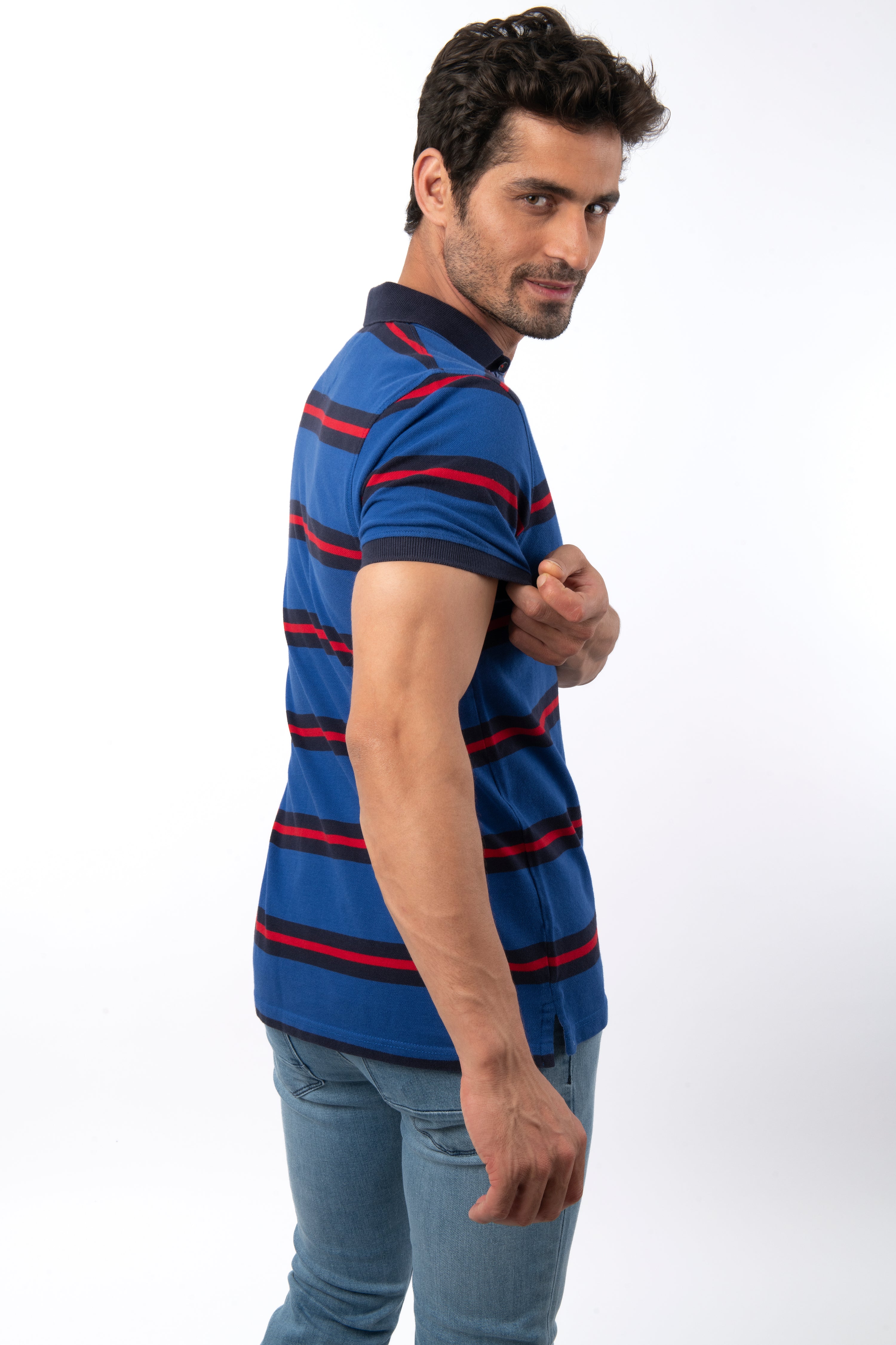 Pique Striped  Marian Blue Cotton Polo