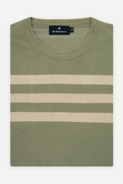 Striped Reseda Green & Beige Knitted Round T-Shirt
