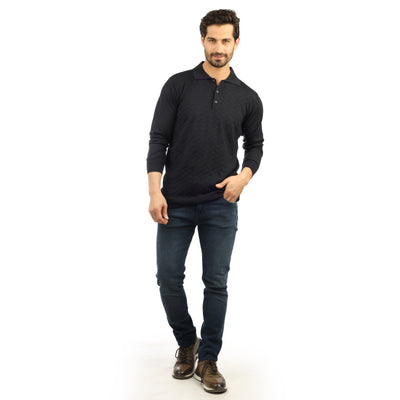 Jacquard Knitted  Dark Navy Polo Pullover