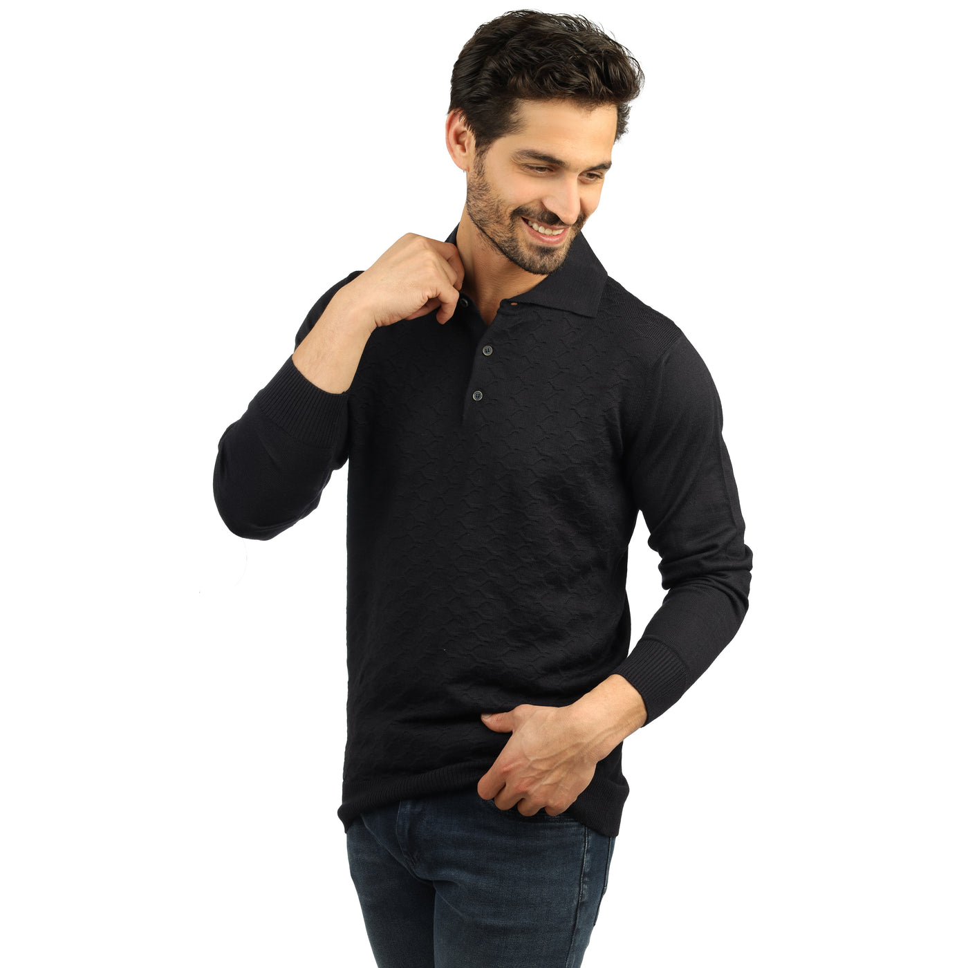 Jacquard Knitted  Dark Navy Polo Pullover
