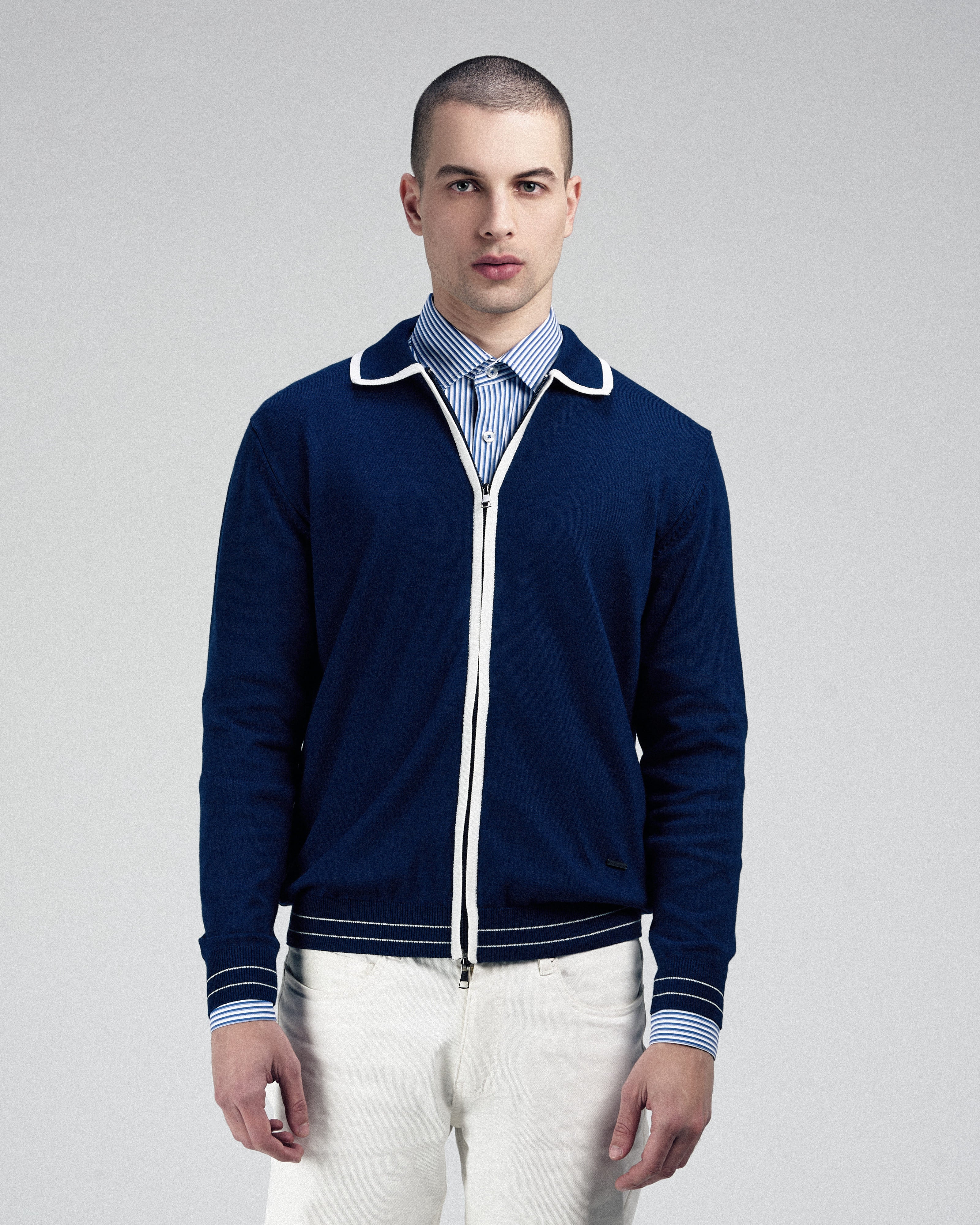 Solid Navy Zip-Up Polo Knitted Jacket