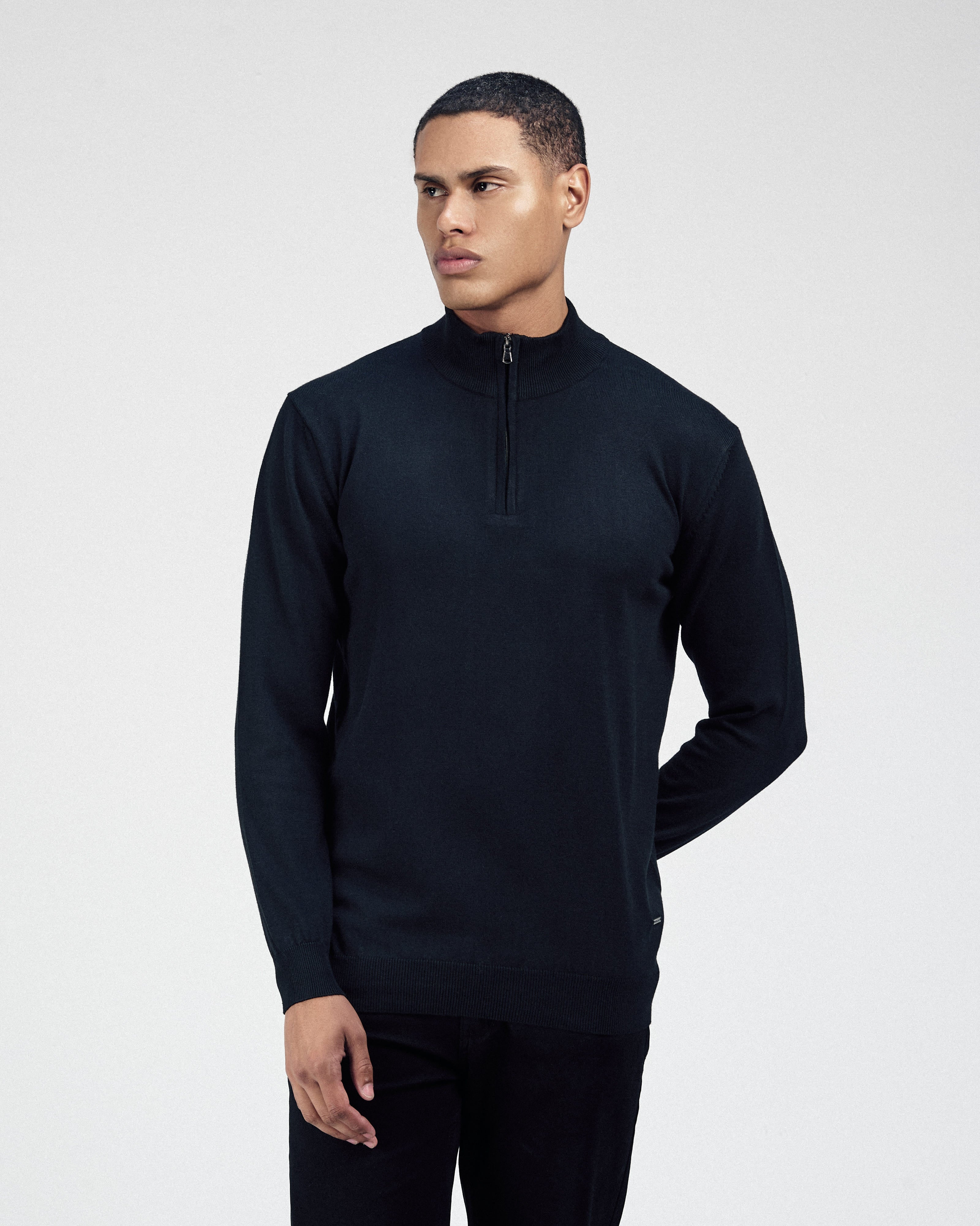 Solid Knitted Half-Zipper Black Pullover