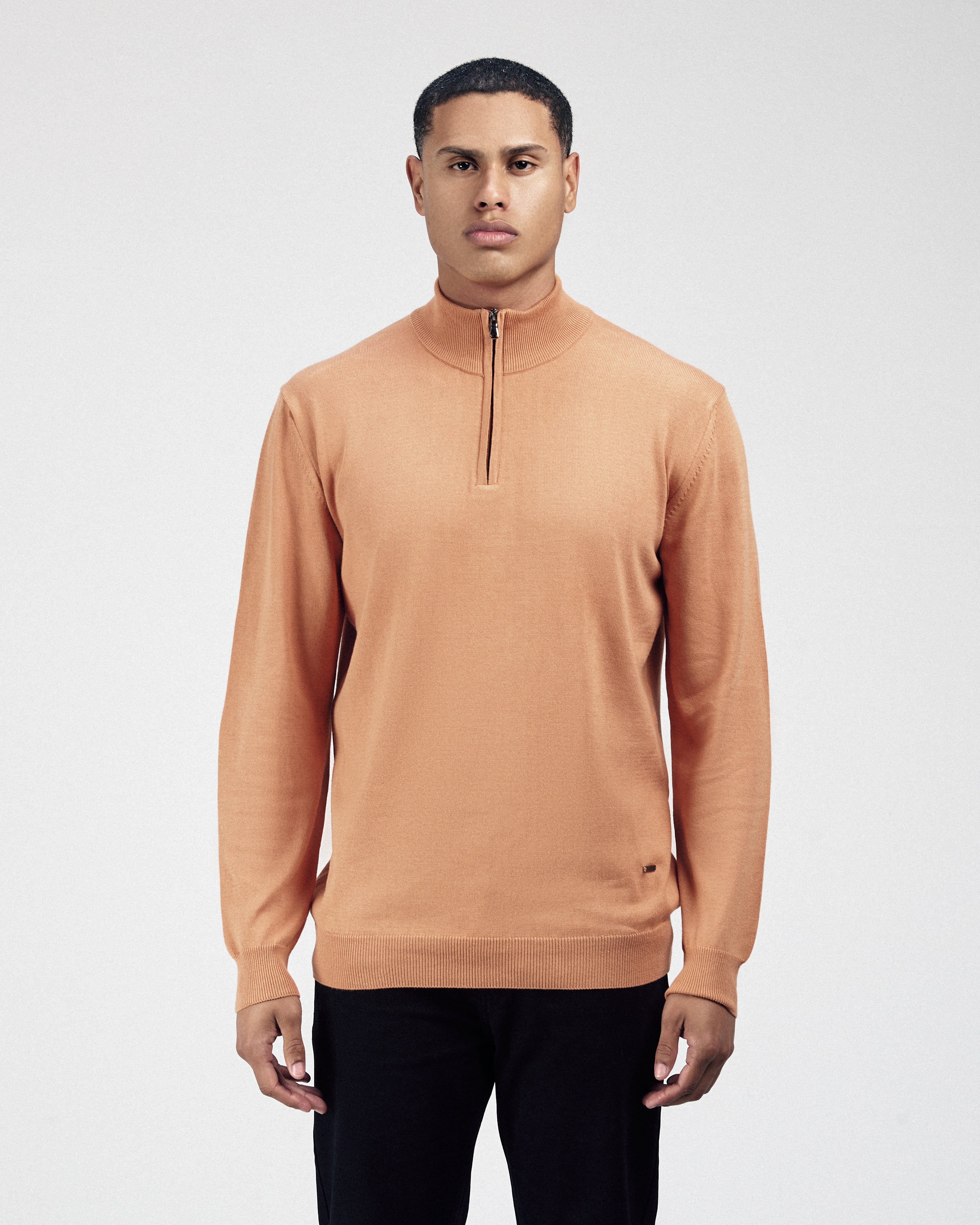 Solid Knitted Orange Half-Zipper Pullover