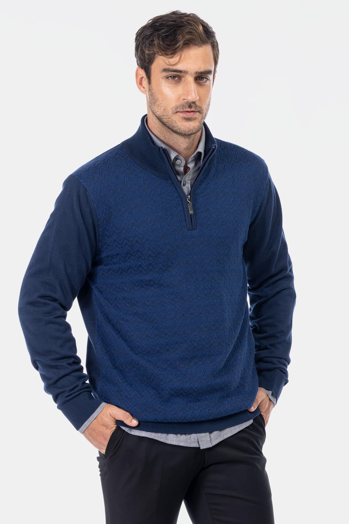 Jacquard Knitted Half-Zipper Midnight Blue Pullover