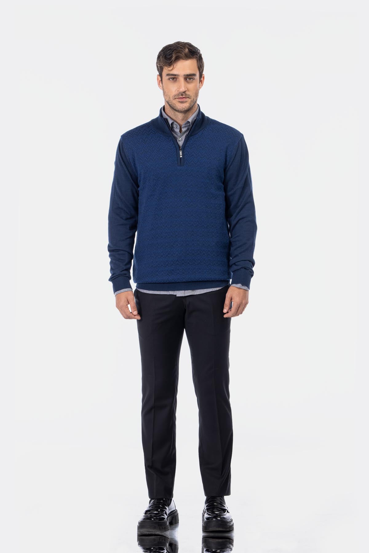 Jacquard Knitted Half-Zipper Midnight Blue Pullover