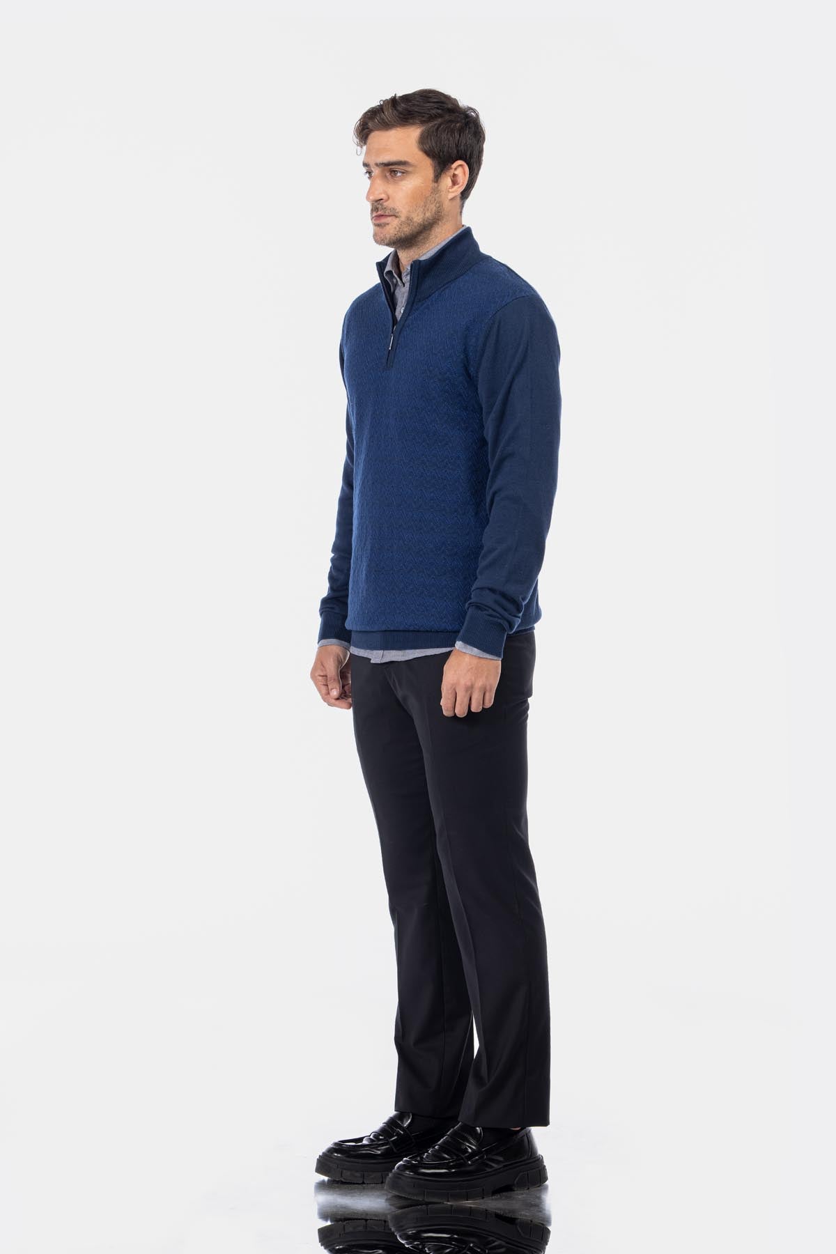 Jacquard Knitted Half-Zipper Midnight Blue Pullover